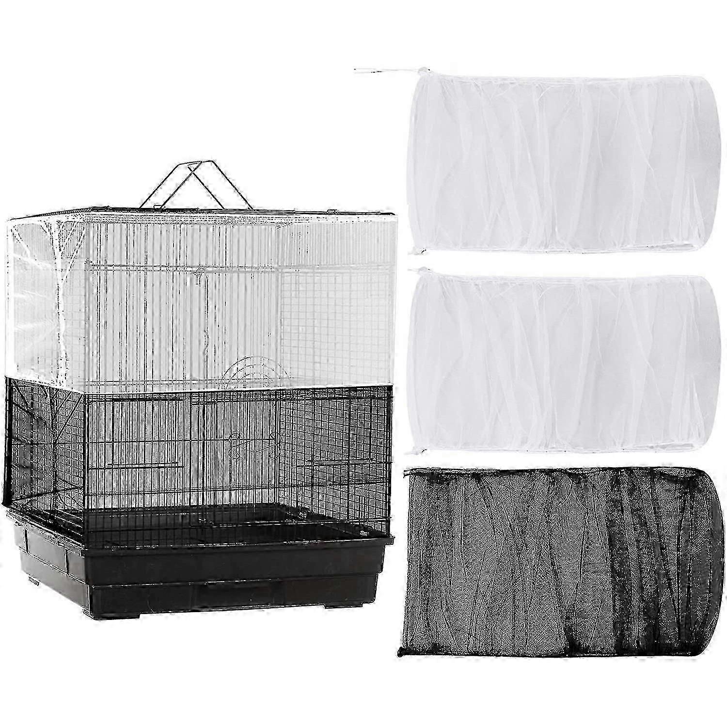 3pcs Adjustable Bird Cage Cover with Nylon Mesh Net, Universal Seed & Feather Catcher for Large Birdcages