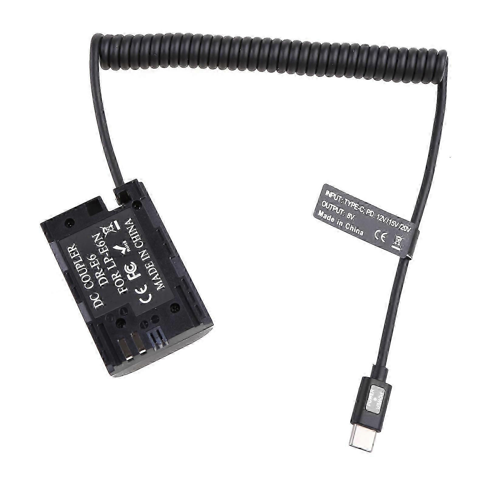 LP-E6 Dummy Battery with USB Type-C Power Cable Support PD 9V / 12V Output for Cameras Monitors High-Elastic