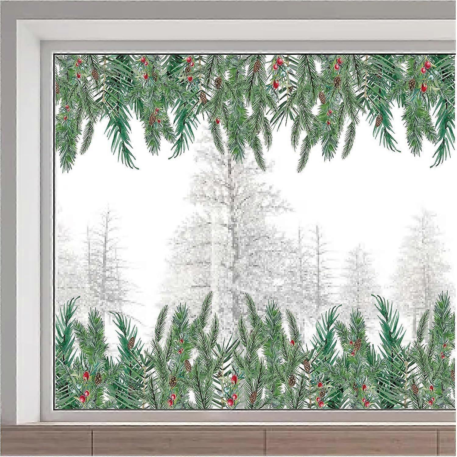 Winter Christmas Pine Leaves Window Clings Reusable Xmas Pine Cones Static Non Adhesive Window Sticker Double-Sided Summer Removable Decor Glass Door 