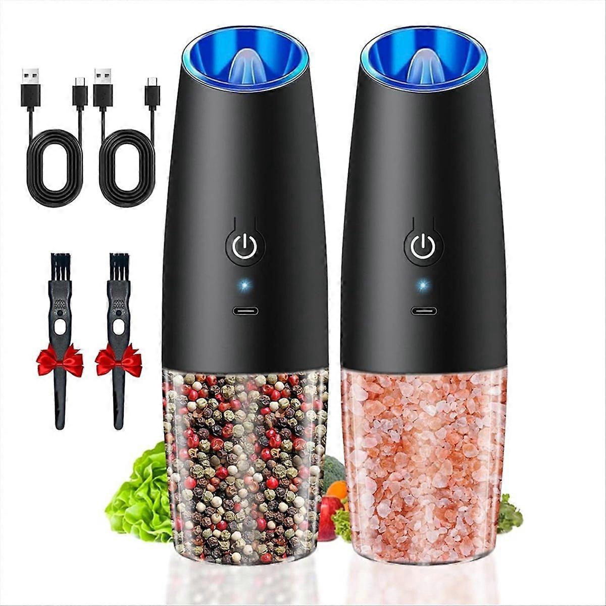 2PCS Electric Salt and Pepper Grinder Set USB Rechargeable with LED Light Automatic Spice Grinders ABS