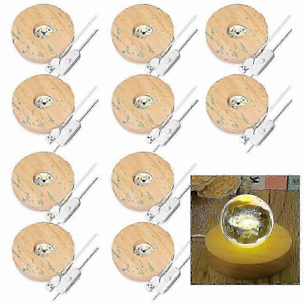 10 Pack Wooden Display Stands with LED Lights for Glass Art and Decorative Items Round Base Lighted Platforms