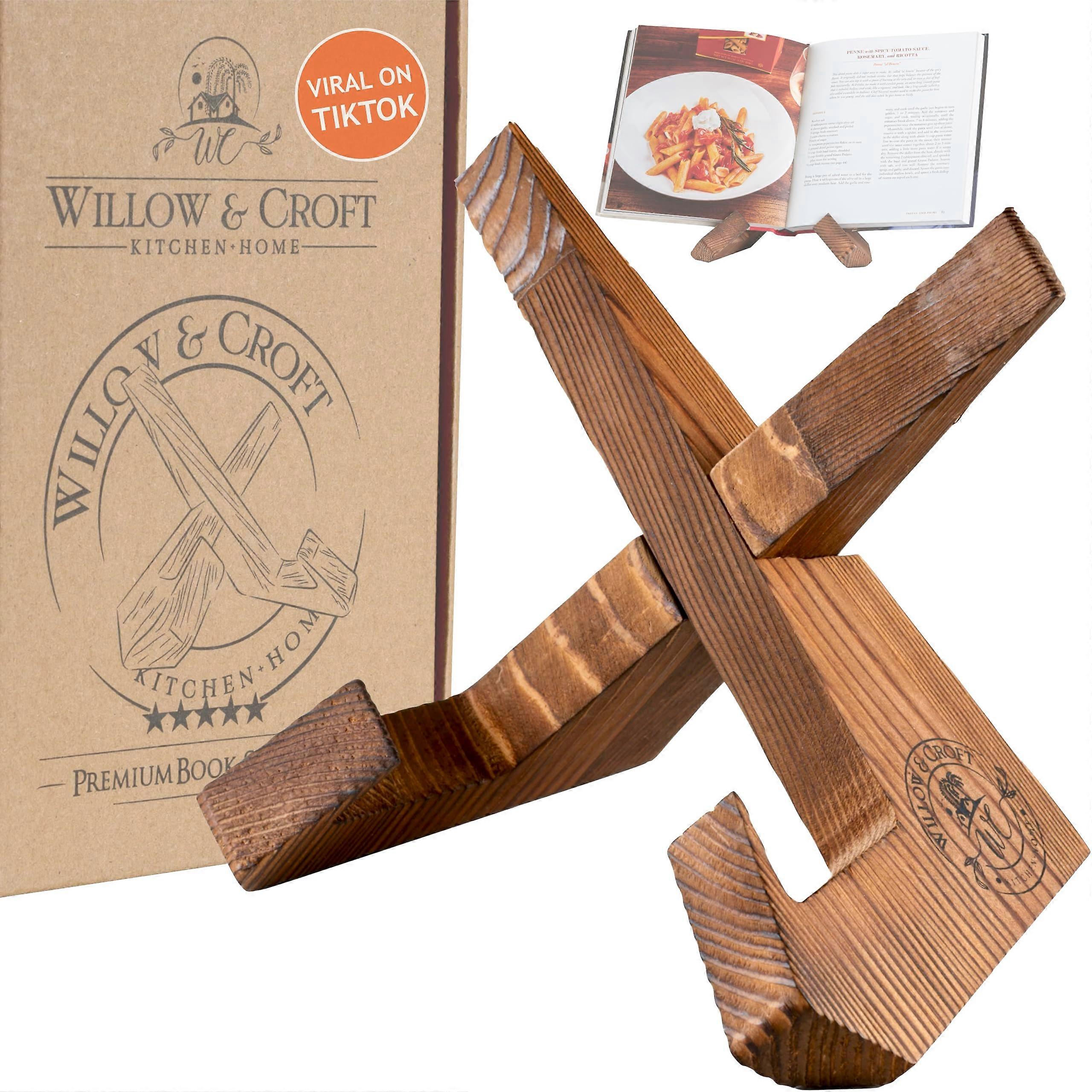 Rustic Wooden Cookbook Stand for Kitchen Counter, Farmhouse Recipe Book Holder, Adjustable Display