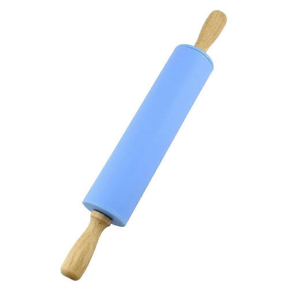 Silicone Rolling Pin with Wooden Handle Non Stick Surface for Baking Dough Blue