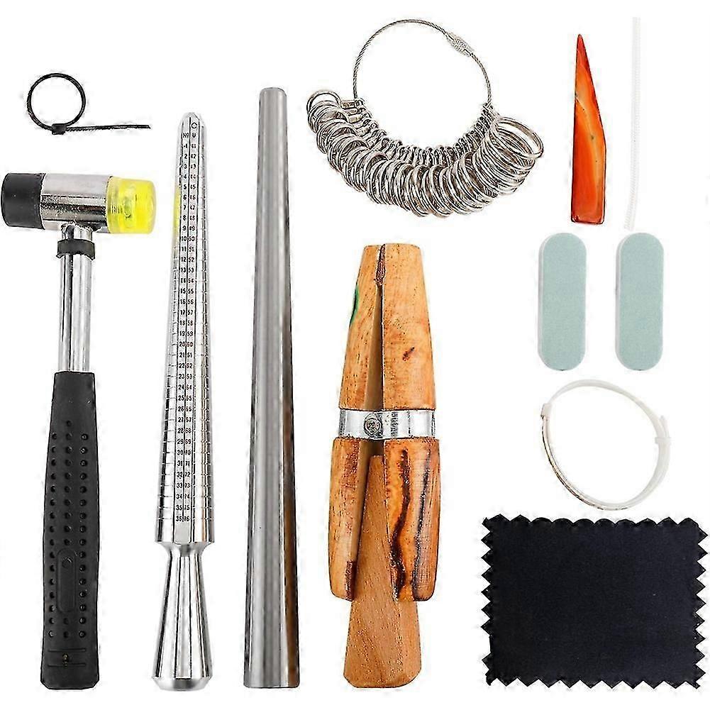 Ring Sizer Measuring Tool Set, 12 Pcs Ring Mandrel, Ring Sizer, Rubber Hammer, Plastic Ring Sizer Gauge, Wood Ring Clamp