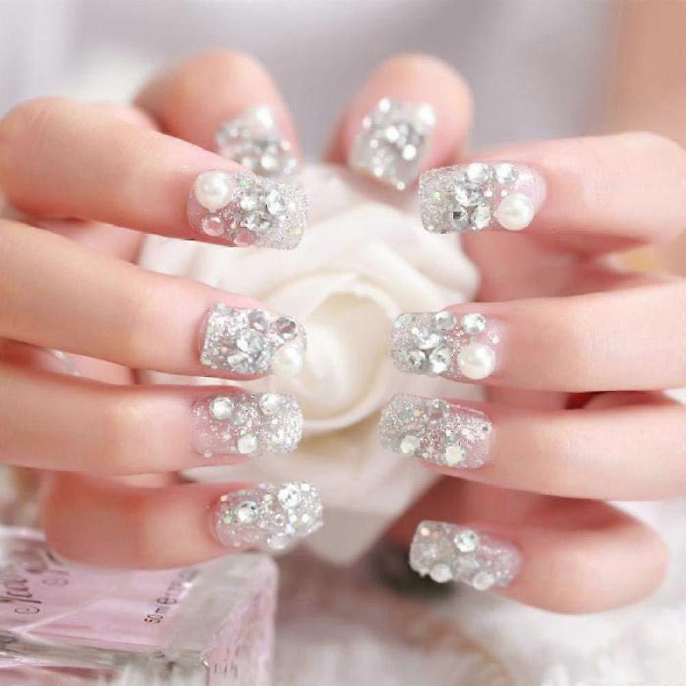 Bride Pearl False Nails with 3D Rhinestone Press On Medium Long Full Cover Elegant Design