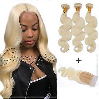 Brazilian Virgin Remy Hair Blonde Body Wave Bundles with 4x4 Lace Closure #613 Color 14 16 18 20