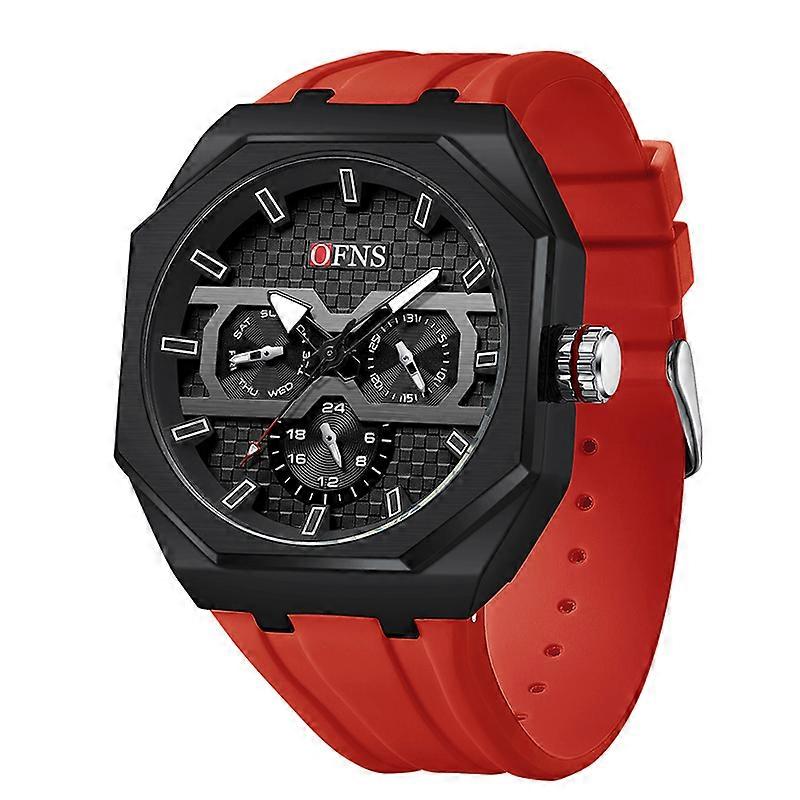 OFNS Men's Red Silicone Multi-function Chronograph Watch with Day Date and Week Display