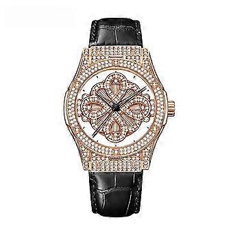 Relógio MOKAGO de luxo em ouro rosa cravejado de diamantes com pulseira de couro de crocodilo preta - Design elegante de mostrador floral para mulheres