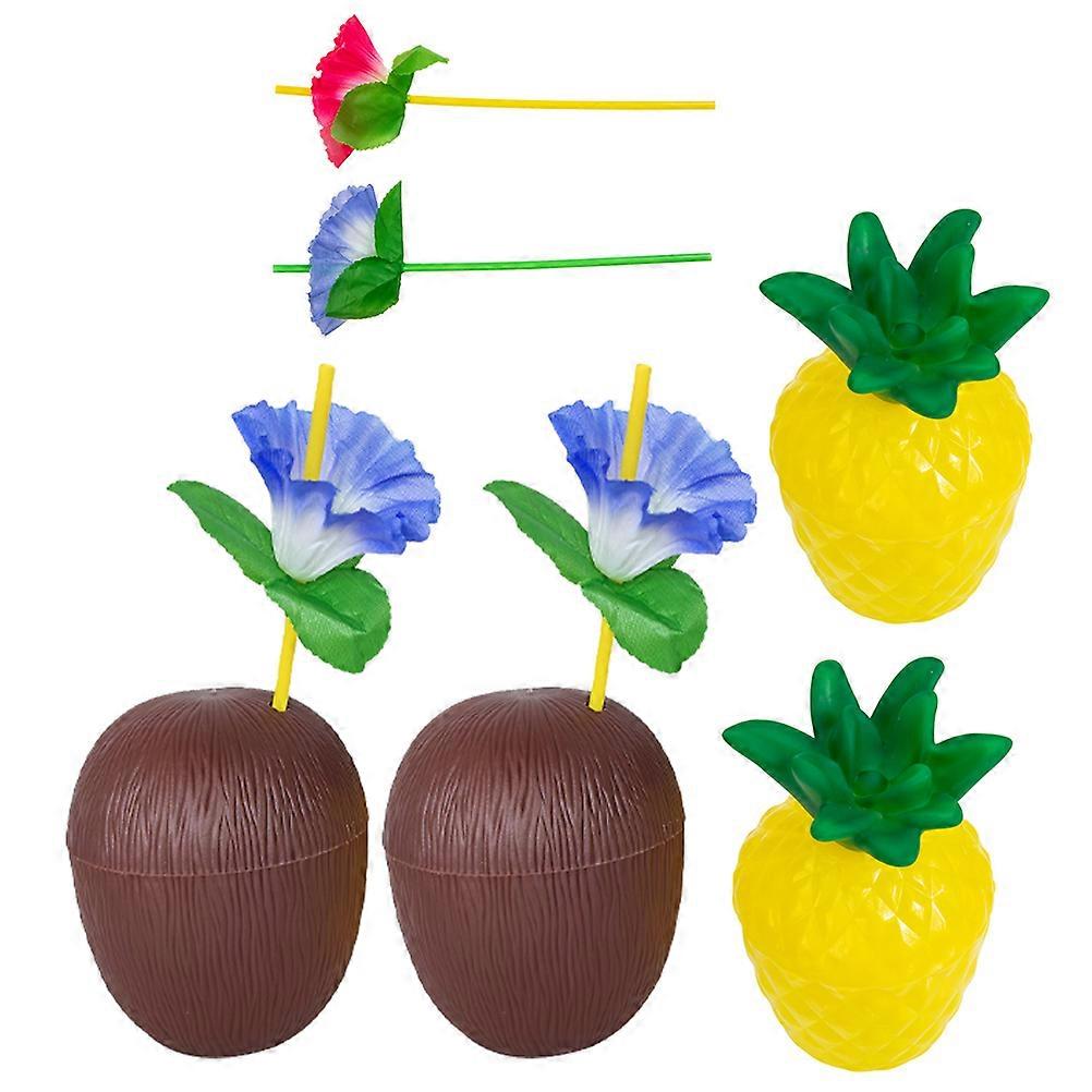 Hawaiian Themed Pineapple Cups Drinking Cups with Straws 4Sets