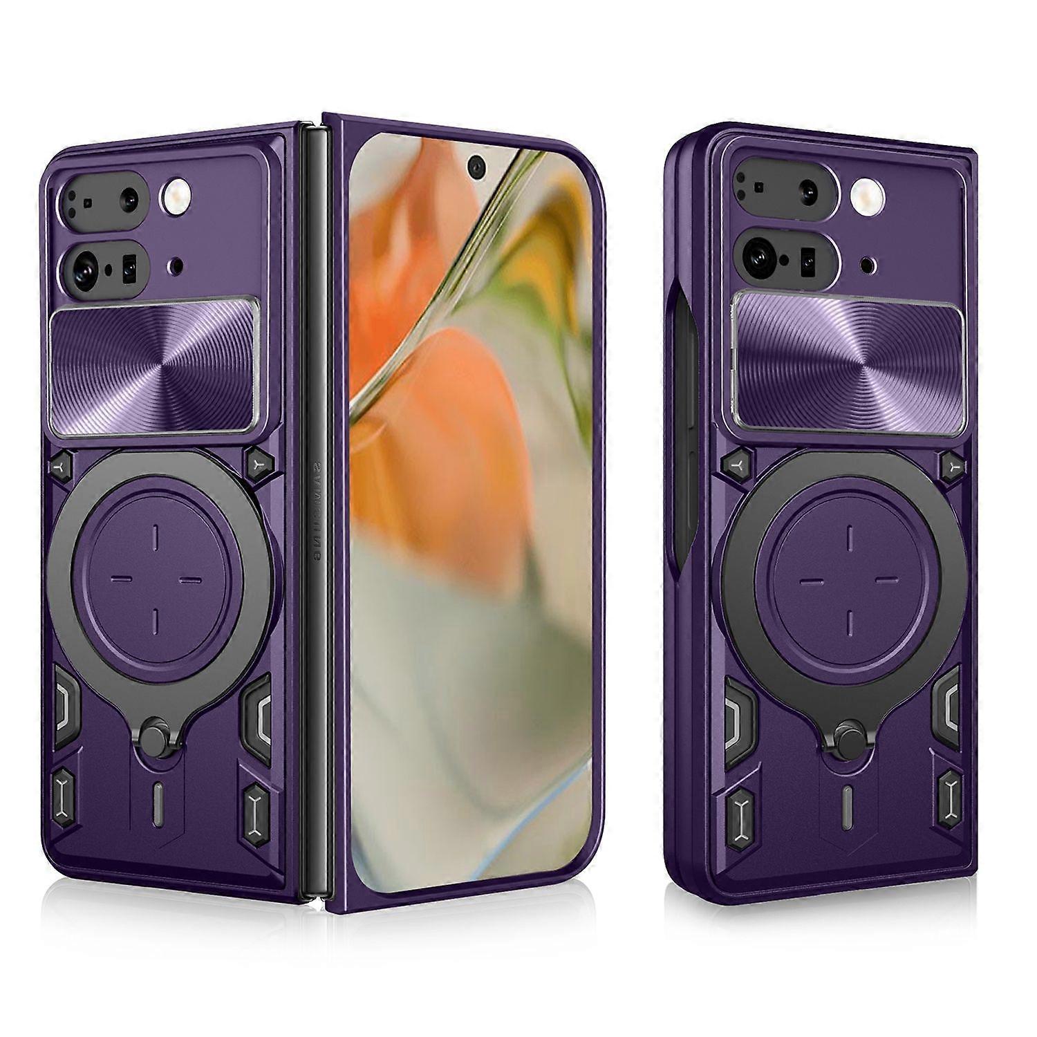 For Google Pixel 9 Pro Fold CD Texture Sliding Camera TPU/PC Protective Case Ring Holder Purple