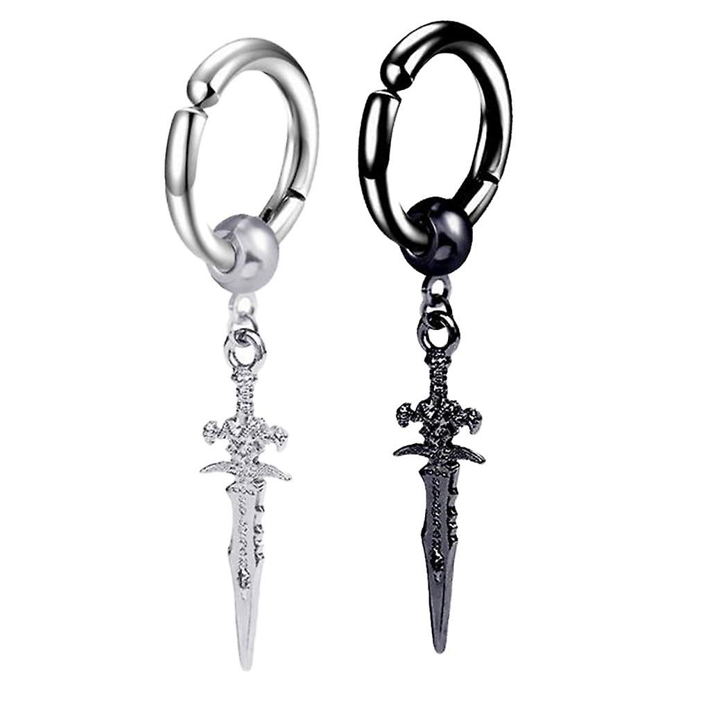 2x Stainless Steel Earring Long Dangle Earrings Black + Silver