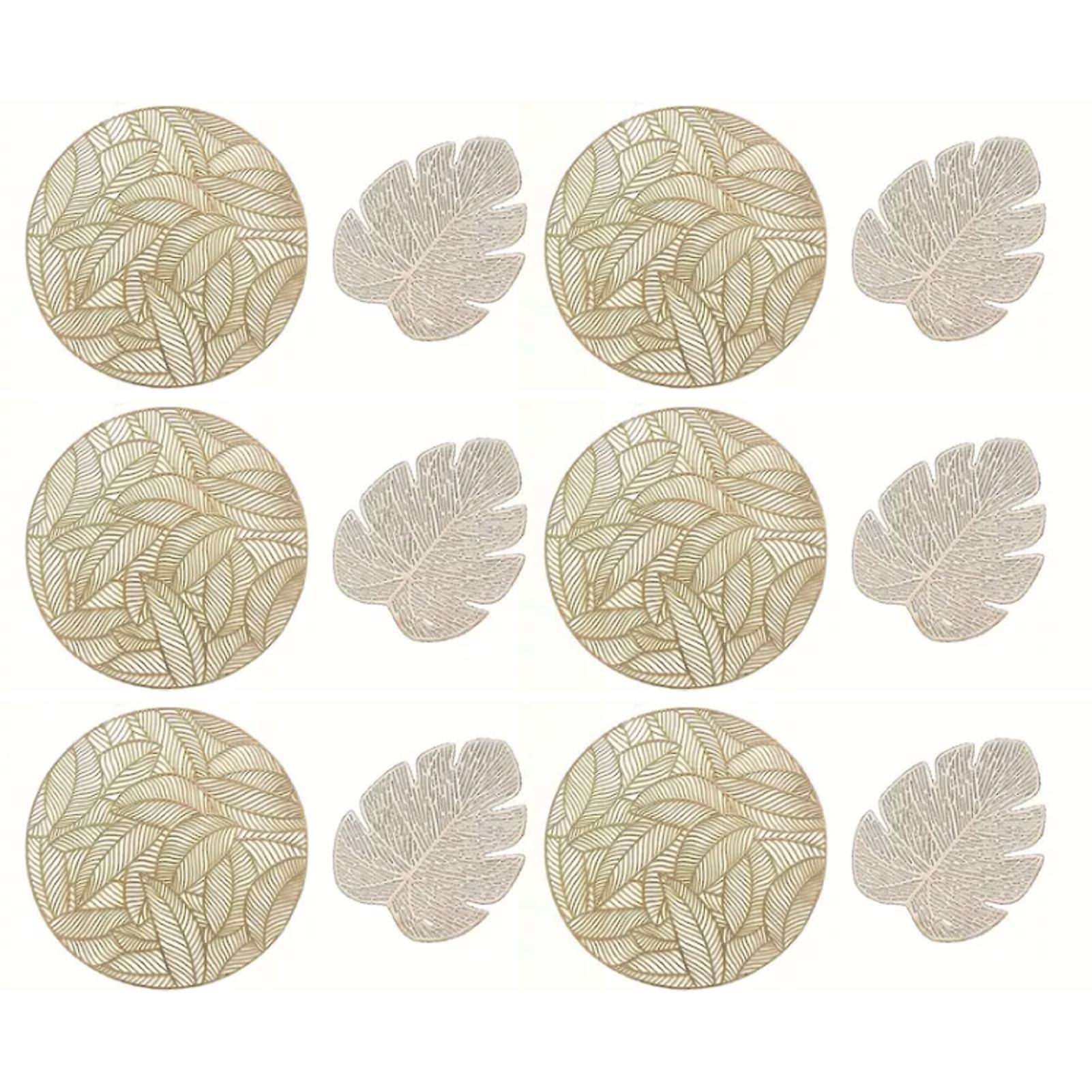 Placemats and Coasters Set Hollow Insulation 6 Pcs Round Dining Table Place Mats and 6 Pcs Leaf Shape Cup Coasters Gold
