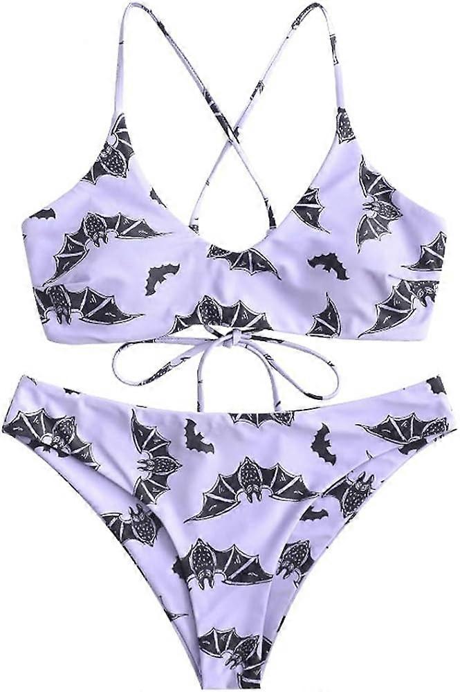 Star Sun Moon Print Bathing Suits for Women Back Criss Cross Lace-up Triangle Bikini(L)