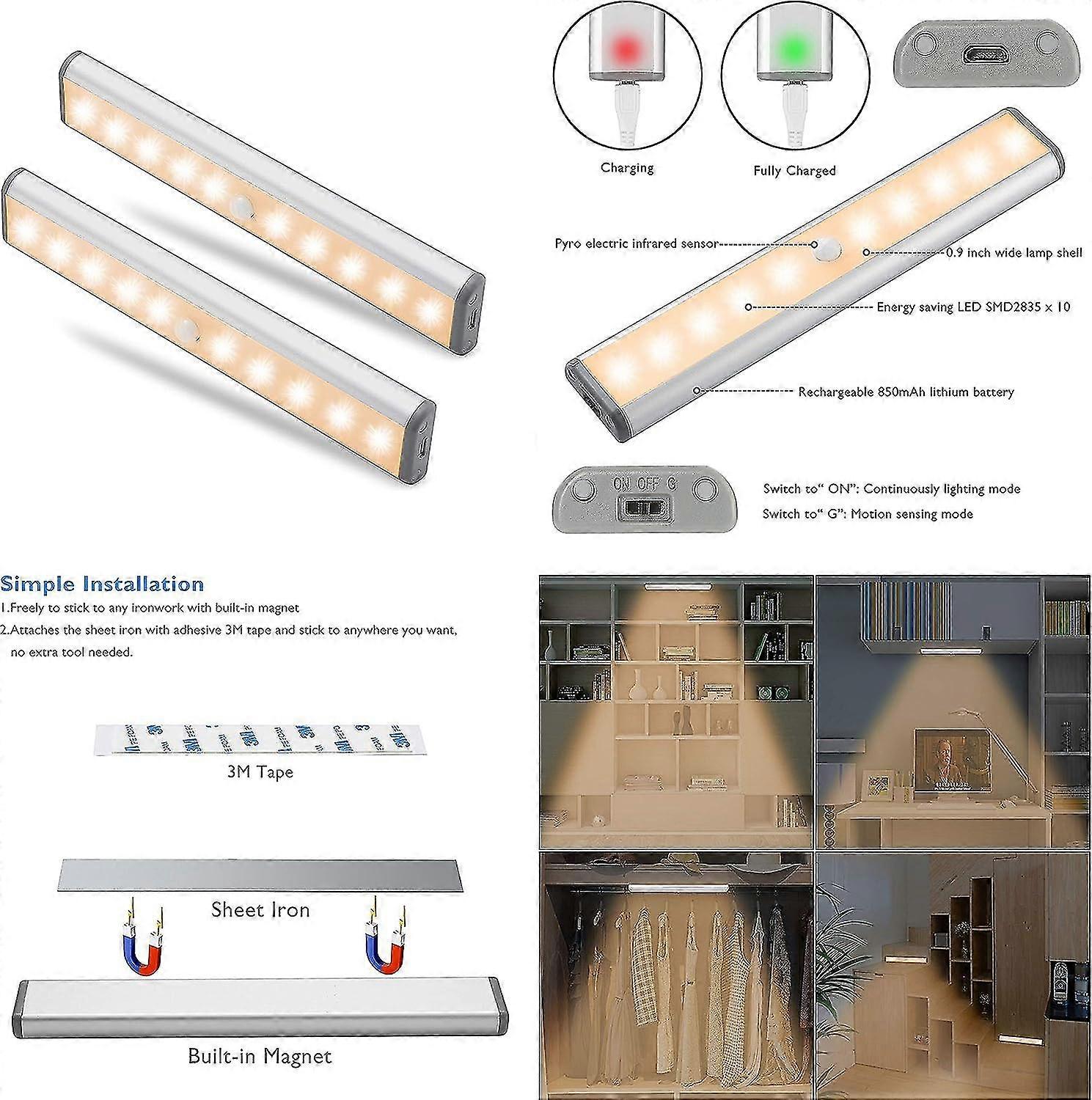Cabinet Lights, Motion Sensing Cabinet Lights, Wireless Locker Lights with Built-in Rechargeable Batteries