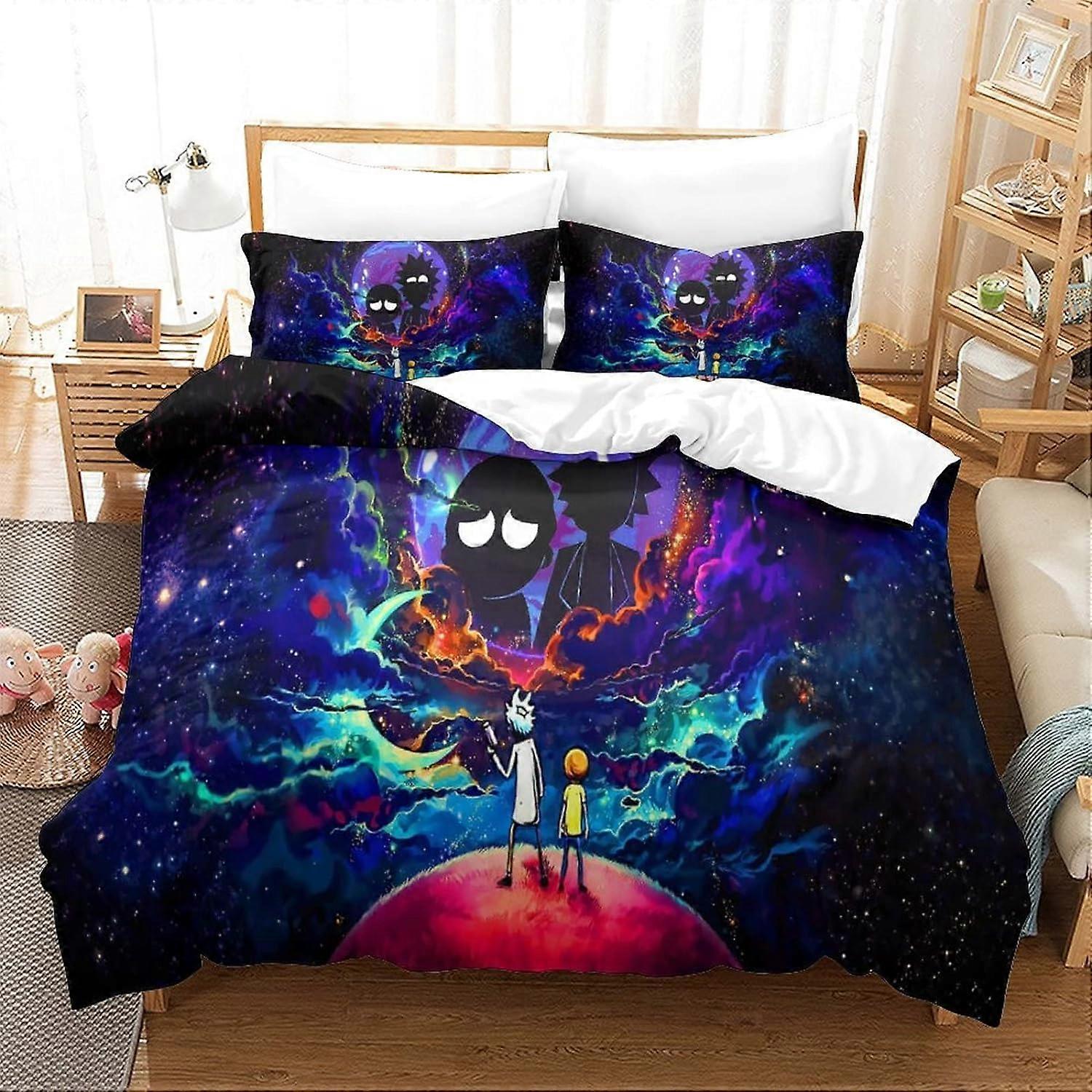 Rick and Morty D Printed Duvet Cover with Pillowcases Bedding Set with Zipper Closure Duvet Cover Set