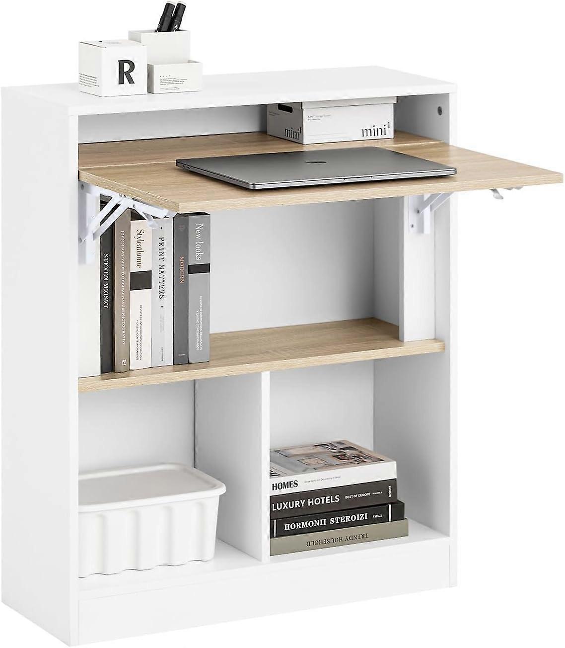 Office Compact Folding Table Desk Computer Desk Workstation with 5 Storage Shelves,Worktop by Rubber Wood,Height 76cm,SoBuy FWT104-WN