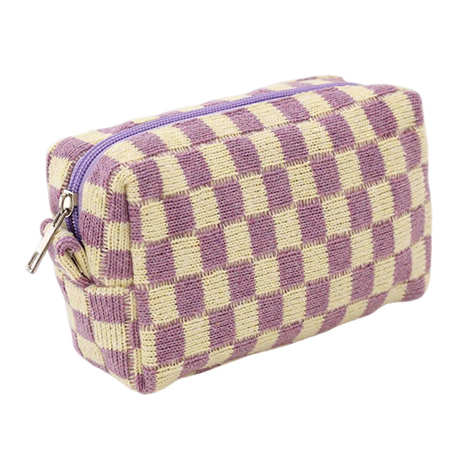 Women\'s Simple Style Checkerboard Knitted Cosmetic Bag Large Capacity Organizer Pencil Pouch