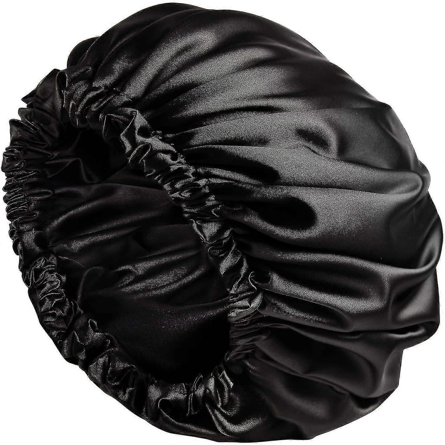 Black Extra Large Satin Double-layer Adjustable Sleeping Cap