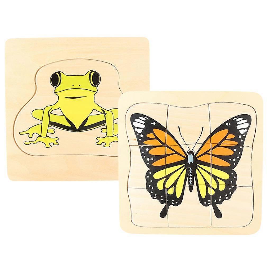 2 Set of Layer Puzzles - Butterfly / Frog - 4 Layers - Multi-layer Puzzle Made of Wood - Wooden Puzzle - Educational Game