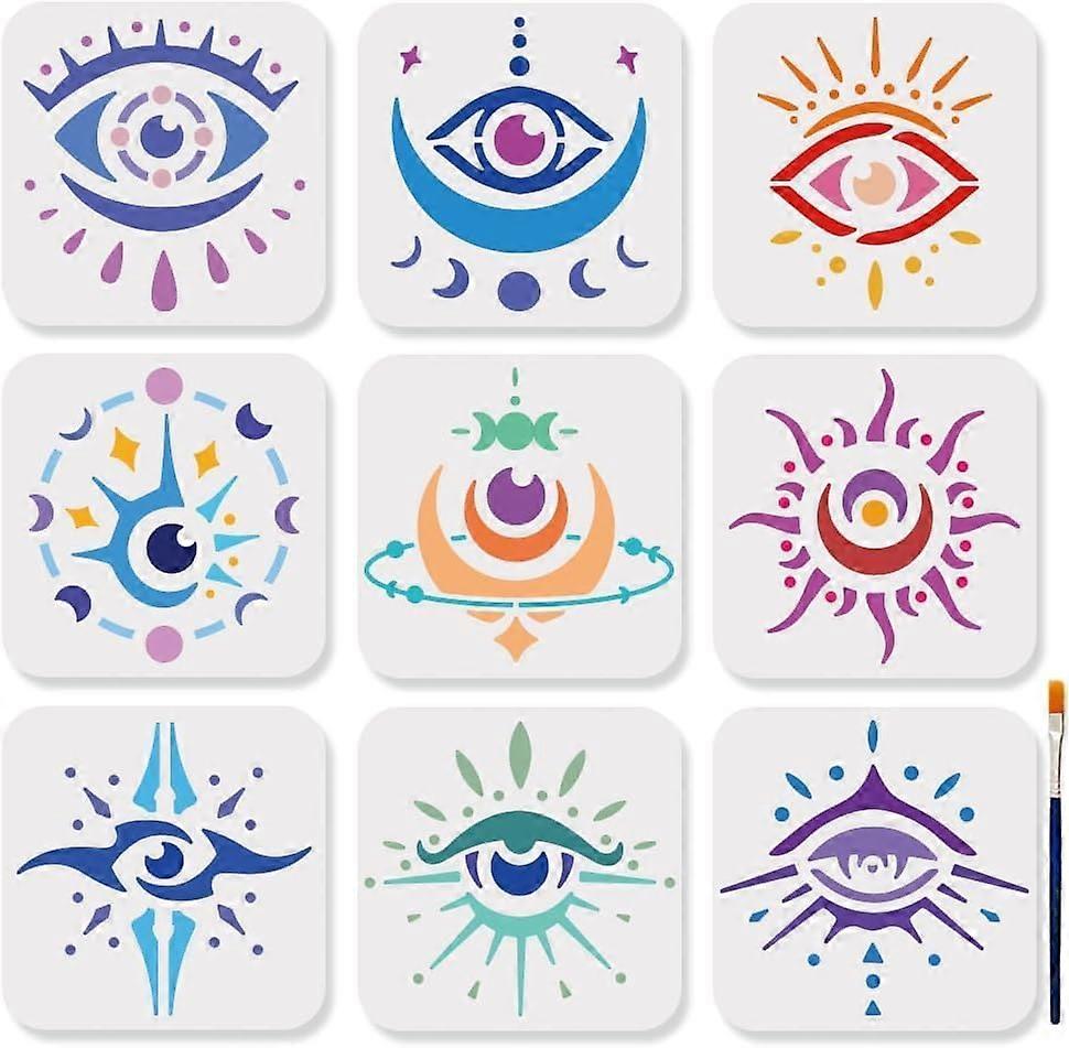 9pcs Magic Evil Eyes Stencils 66inch Reusable Devil's Eye Moon Phases Star Drawing Stencils with Paint Brush Mysterious Magic Theme Stencils Template