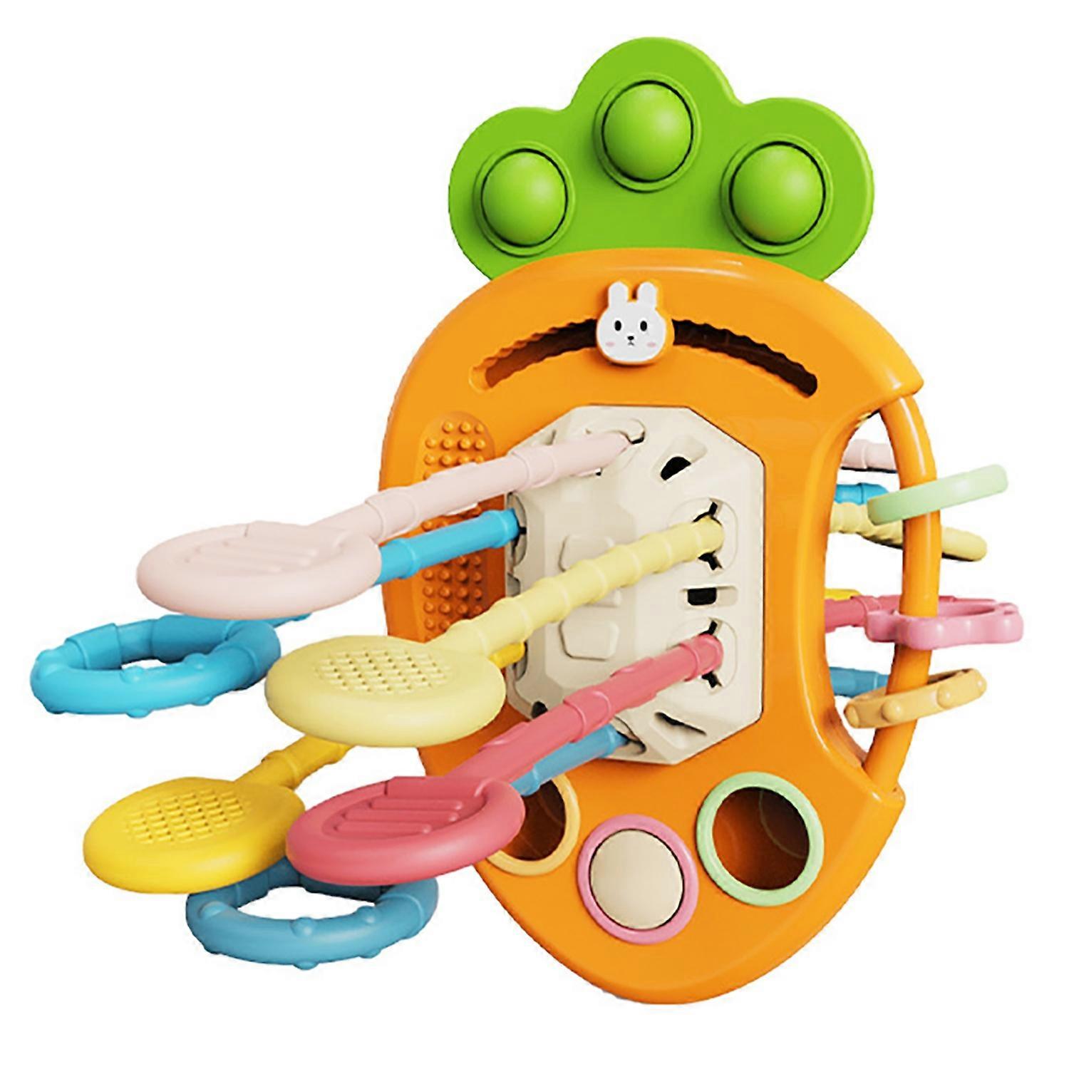 Infant Grasping Toy Multiple Textures Colorful Cartoon Carrot Pull String Toy with Soft Silicone