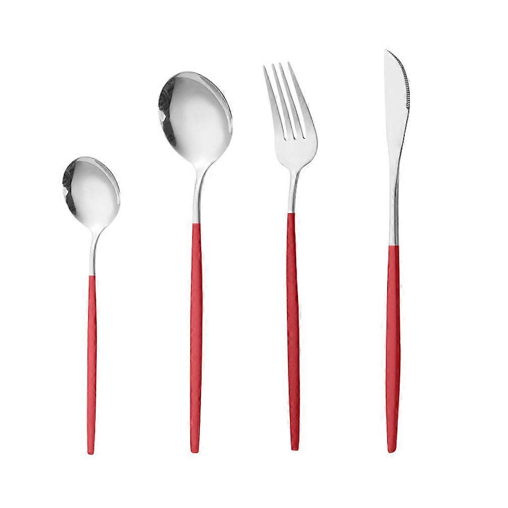 4pcs Cutlery Set Tableware Flatware Spoons Knife Fork Stainless Steel Red