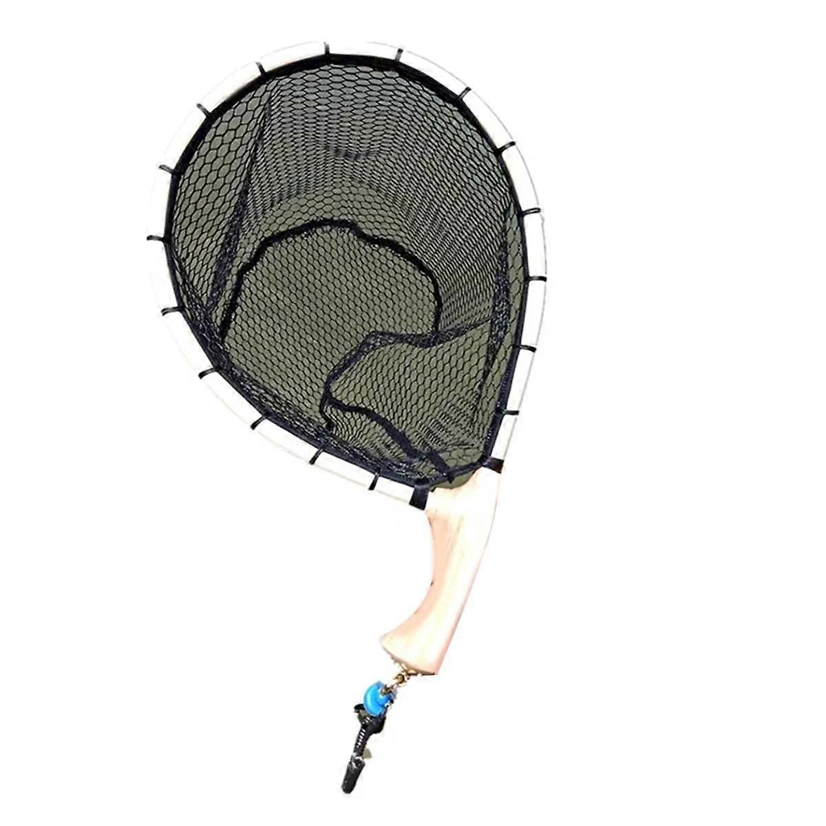 Nylon Fly Fishing Net ,Wooden Non-Slip Handle, Trout Mesh Tool, Fish Catch Release Scoop, Bent Handle Nets
