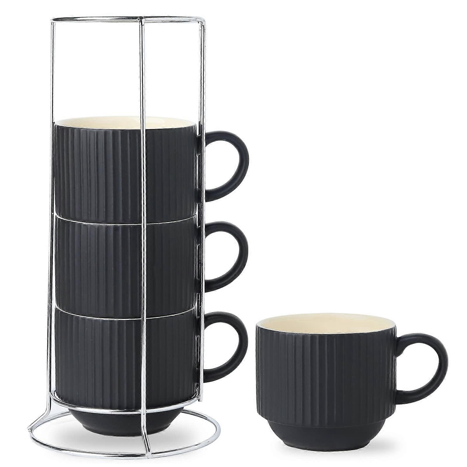 Ceramic Coffee Mug Set - 4 Stackable 15 oz Cups with Stand