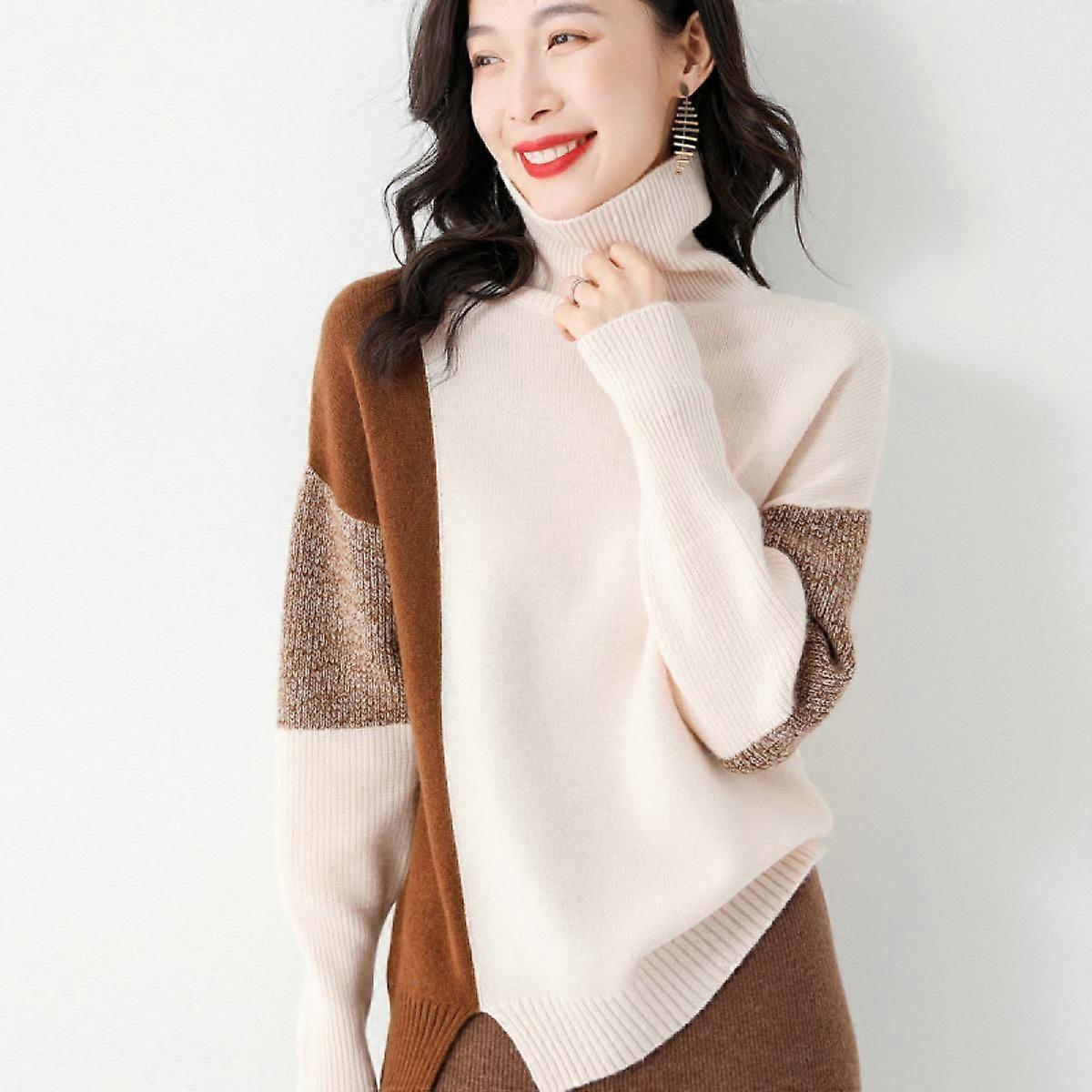 Frauen Rollkragenpullover Color Block Strickpullover lässig langärmelig Pullover Oberteile, S