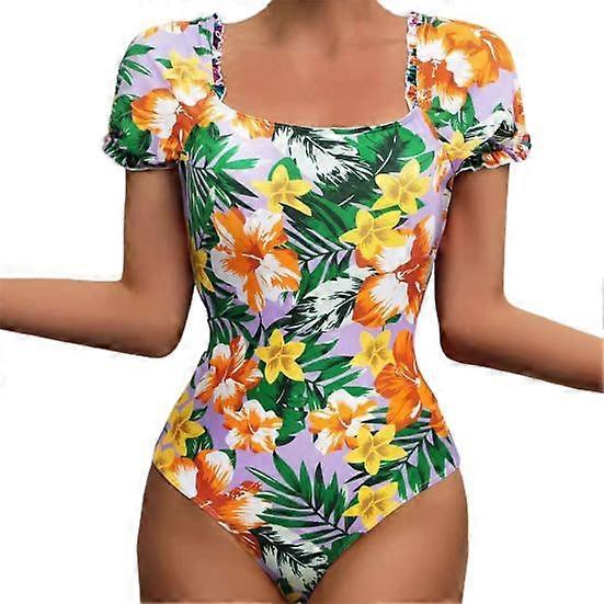 Square Collar Ruffled Cuffs Lady Monokini Triangle Cutting Vivid Flower Print Short