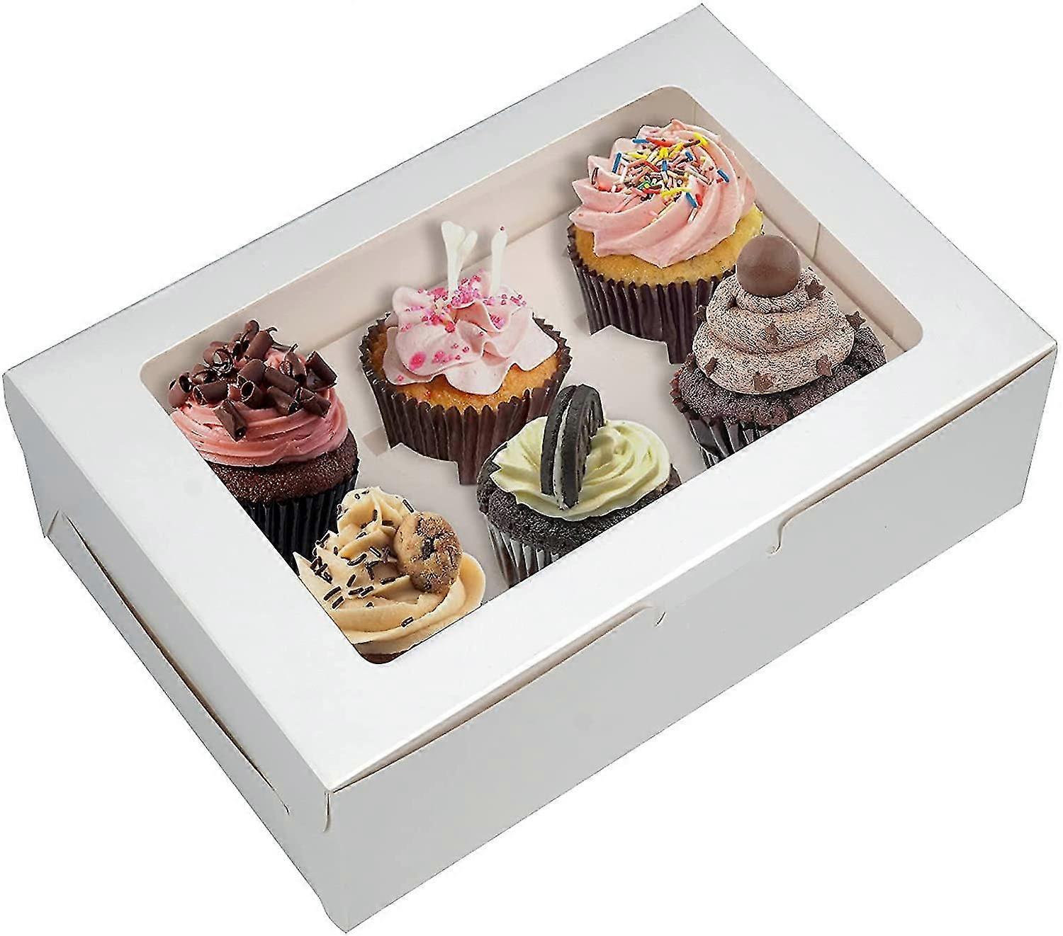 Pack Of 10 X 6 Hole Cupcake Boxes, White Bakery Boxes With Window And Inserts