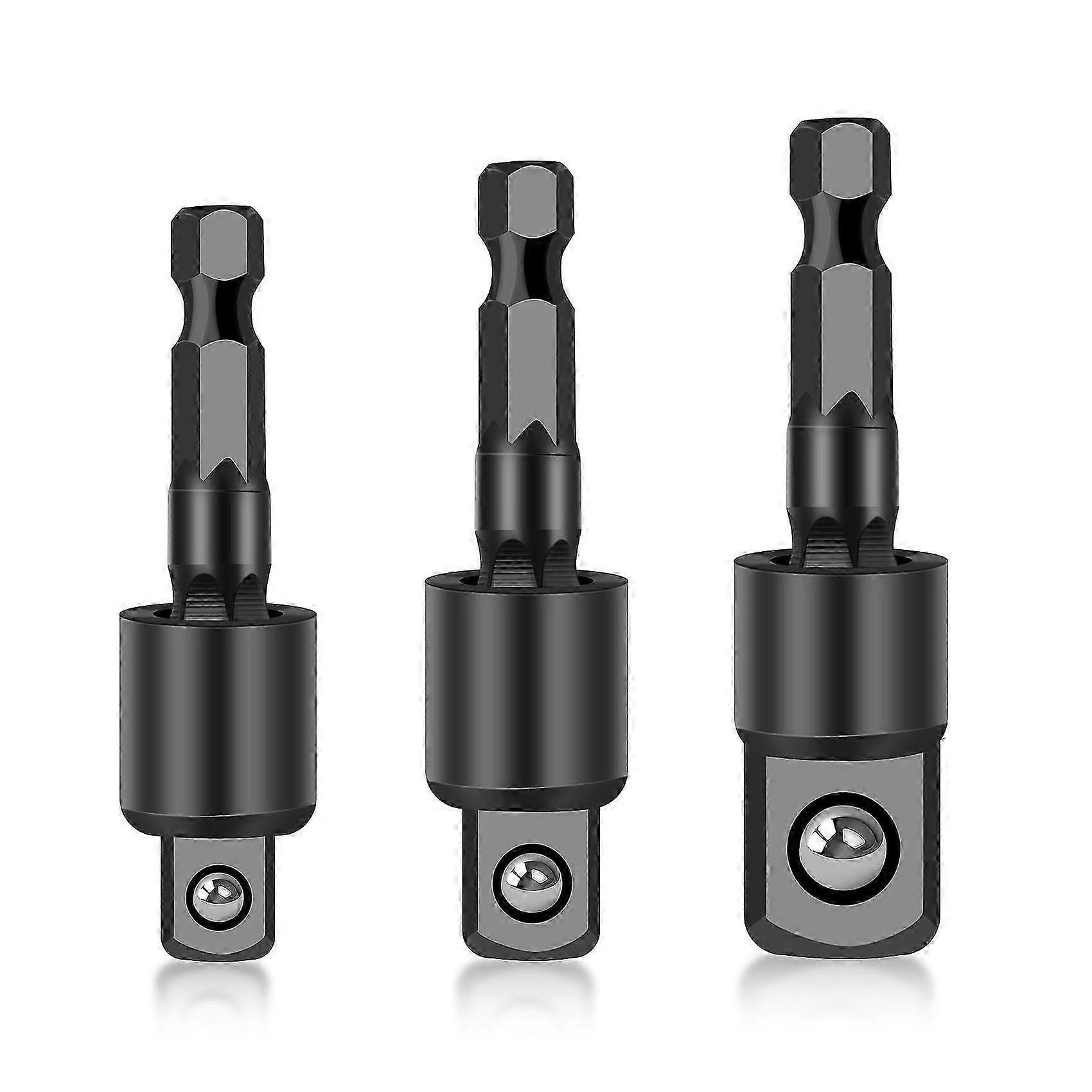 3PC Wobble Socket Adapters Universal Joint Swivel Socket Set, 1/4 Inch Hex Shank to 1/4 3/8 1/2 Squ JNS