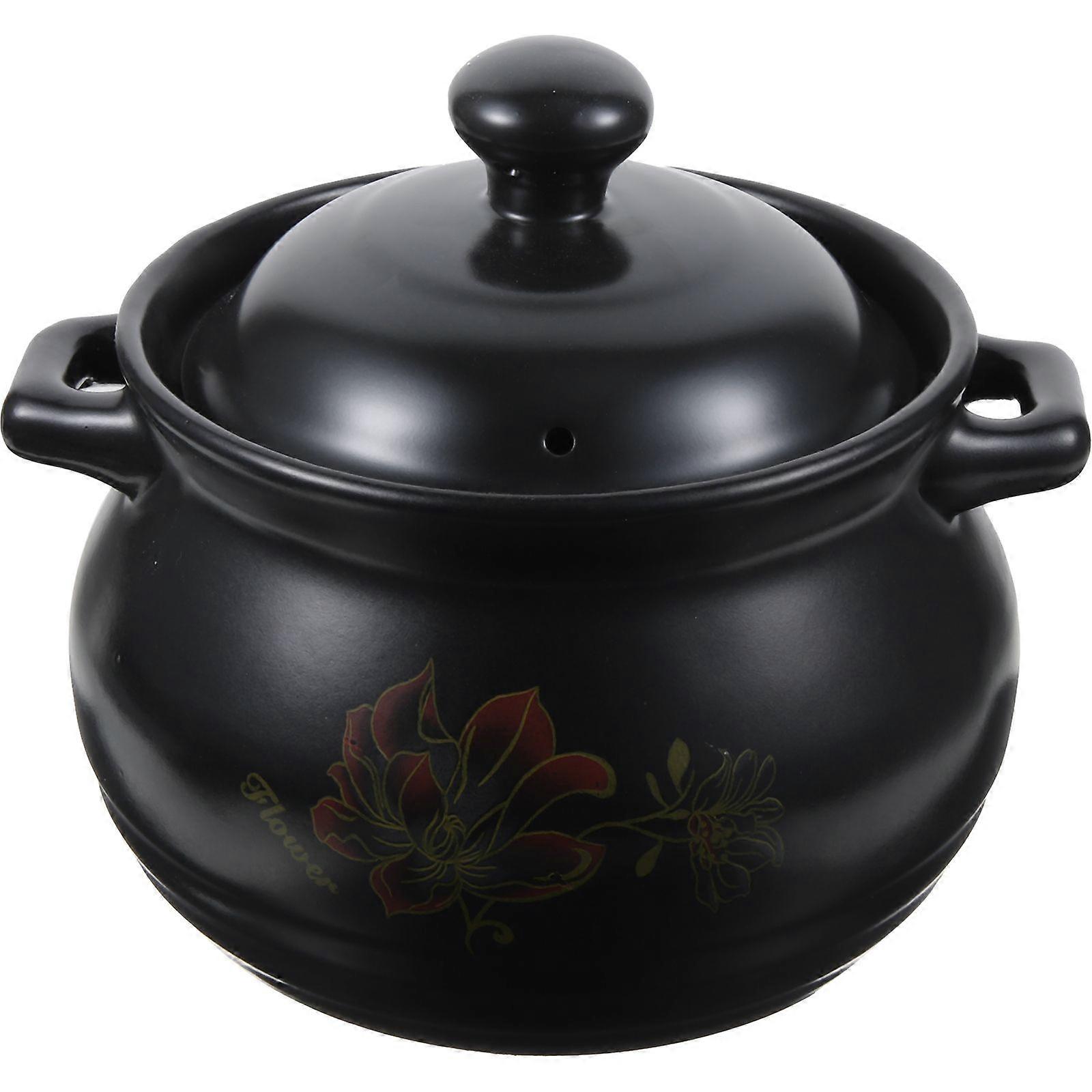 1 Pc Ceramic Casseroles Pot Earthenware Soup Pot Practical Stew Pot (Black)
