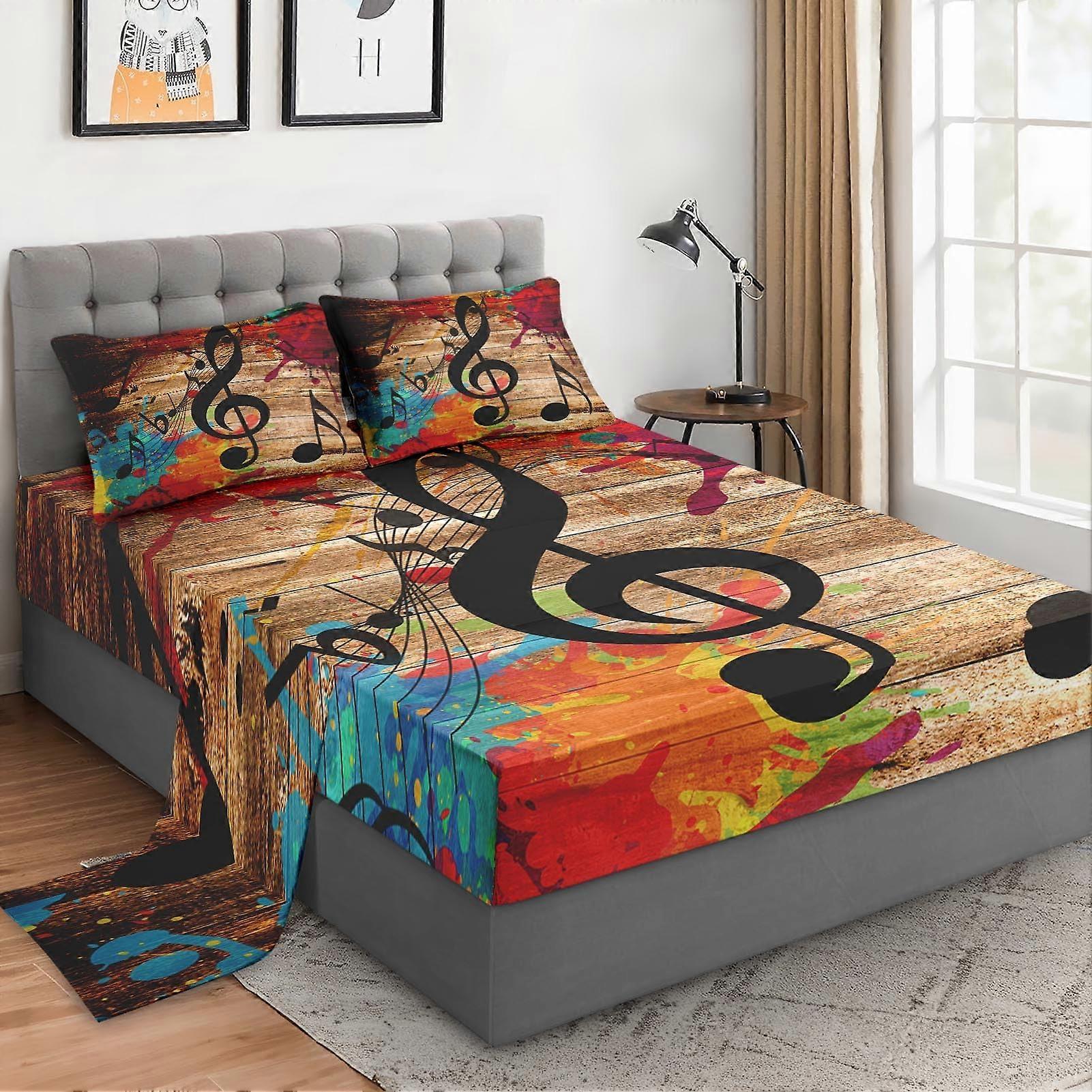 3 Pcs Bed Fitted Sheet Set Black Retro Woodboard for Adults Twin Size