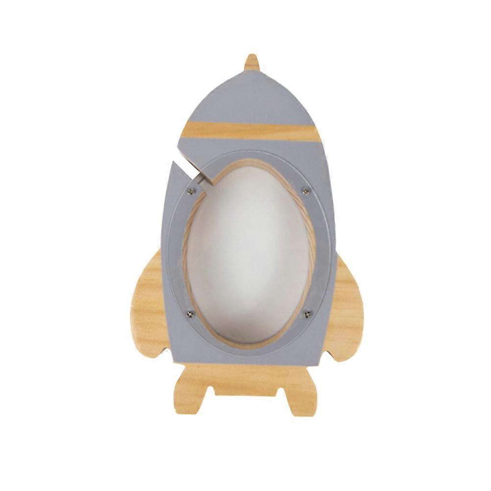 Grey Wooden Rocket Coin Bank – Transparent Design Money Container for Home Savings – Unique Cash Storage Box