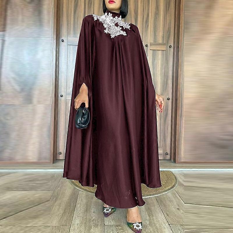 Women Large Size Turtleneck Bat Long Sleeve A-Line Solid Color Dresses