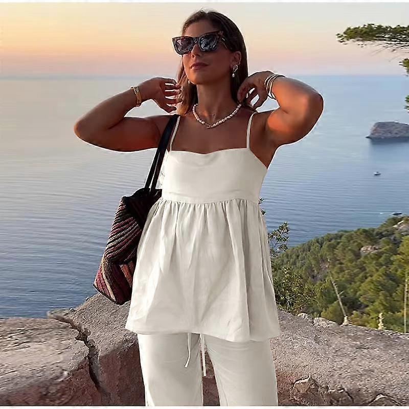 Tank Top Pants Women 2 Pieces Sets 2025 Summer Fashion Ruffled Hem Sleeveless Backless Loose Vest Drawstring Elastic Waist Wide Leg Trousers Suits