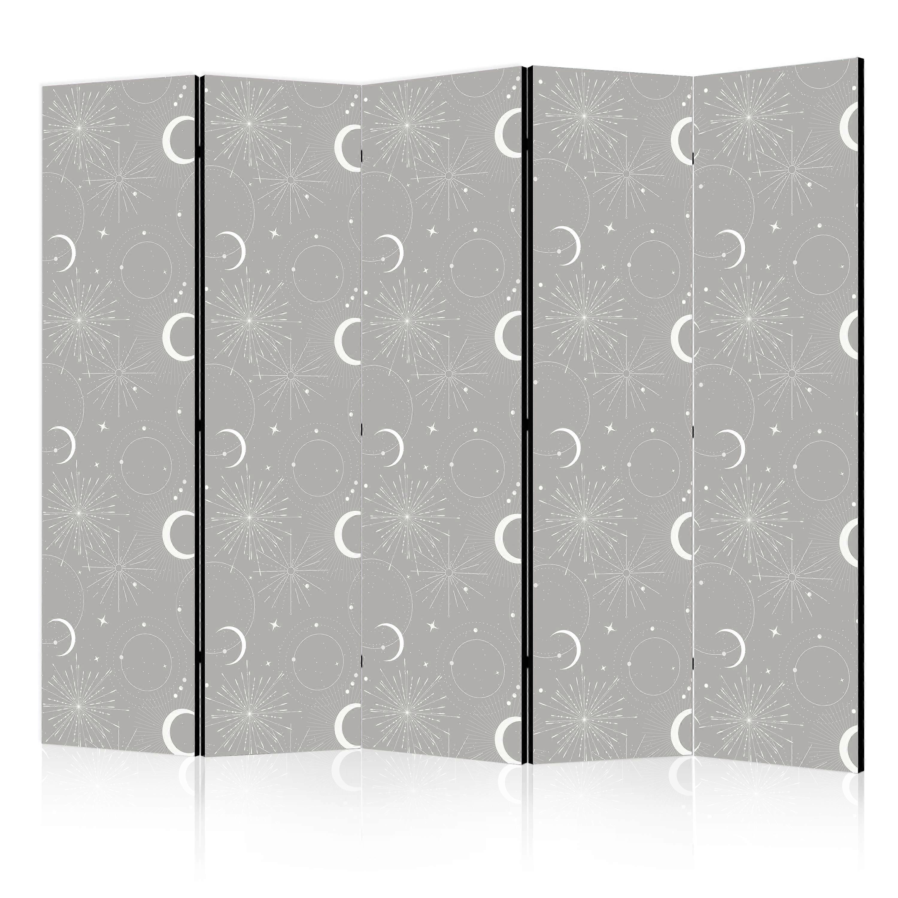 Screen - Cosmic Fireworks - Elegant Pattern with Moons and Stars on Gray Background