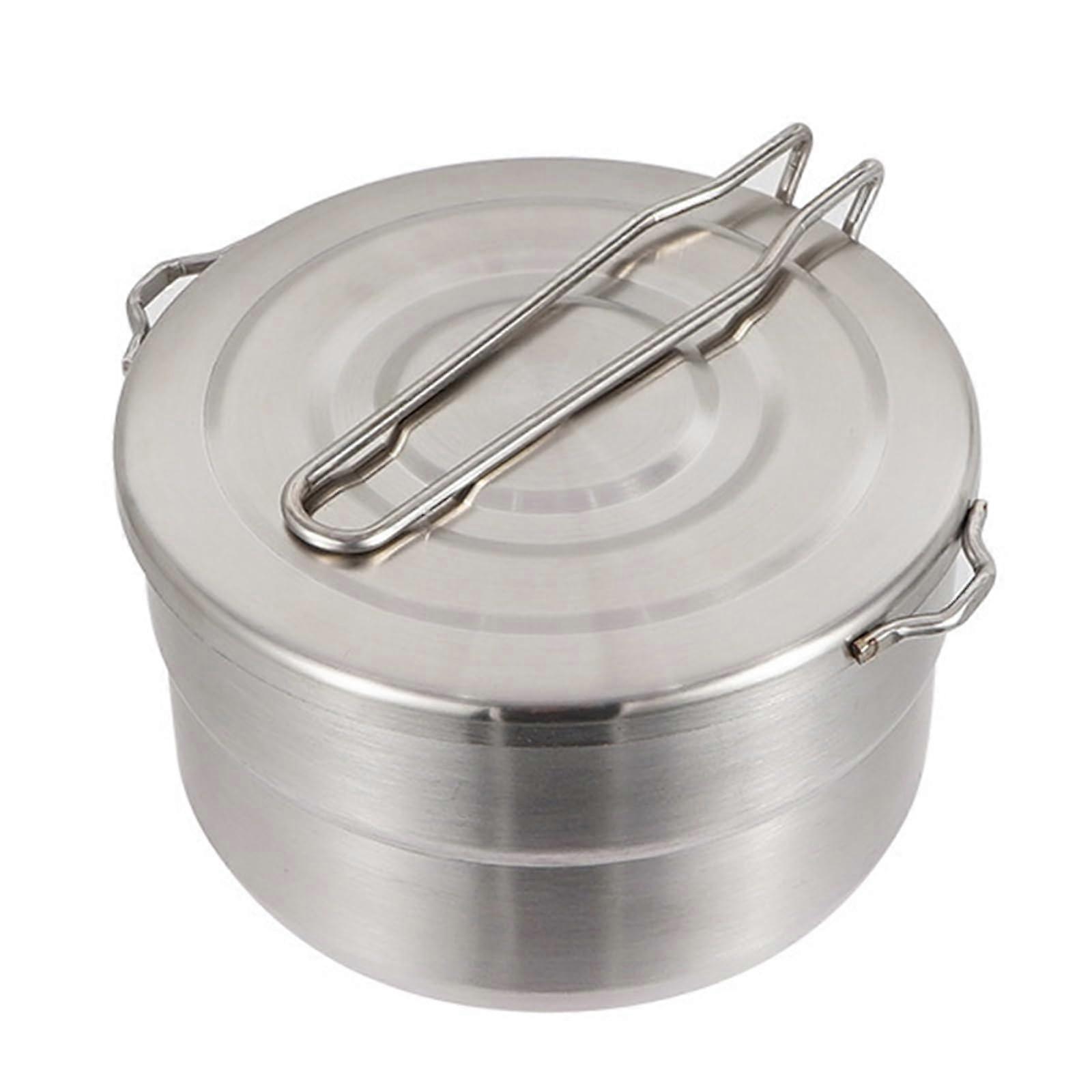 Lunch food pots made of steel with foldable handles, camping cookware, for outdoor picnics, multiple pieces.