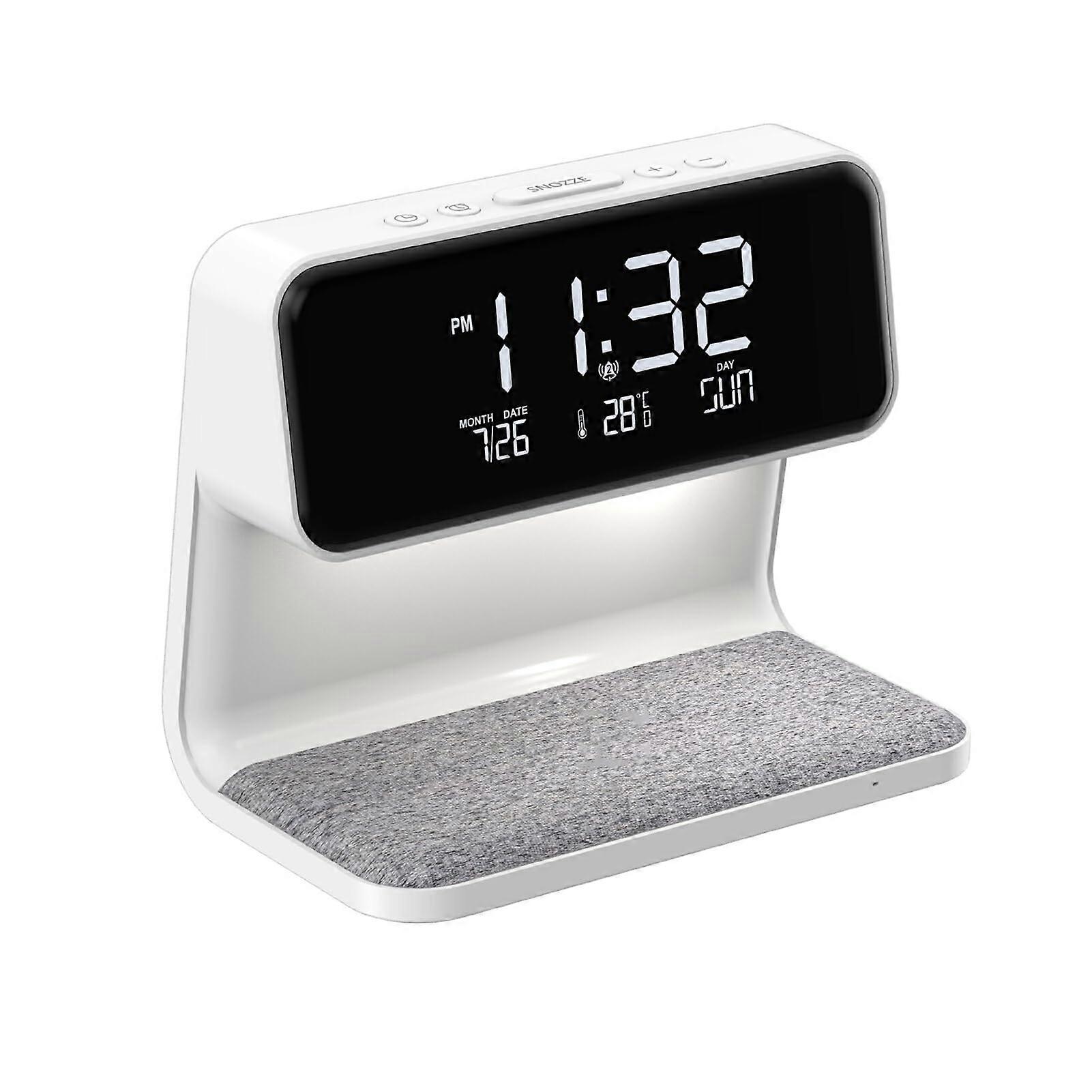 White Smart Alarm Lamp with Wireless Charging, Digital Display, Bedside Clock, Crisp Sound, and Happy Alarm Features