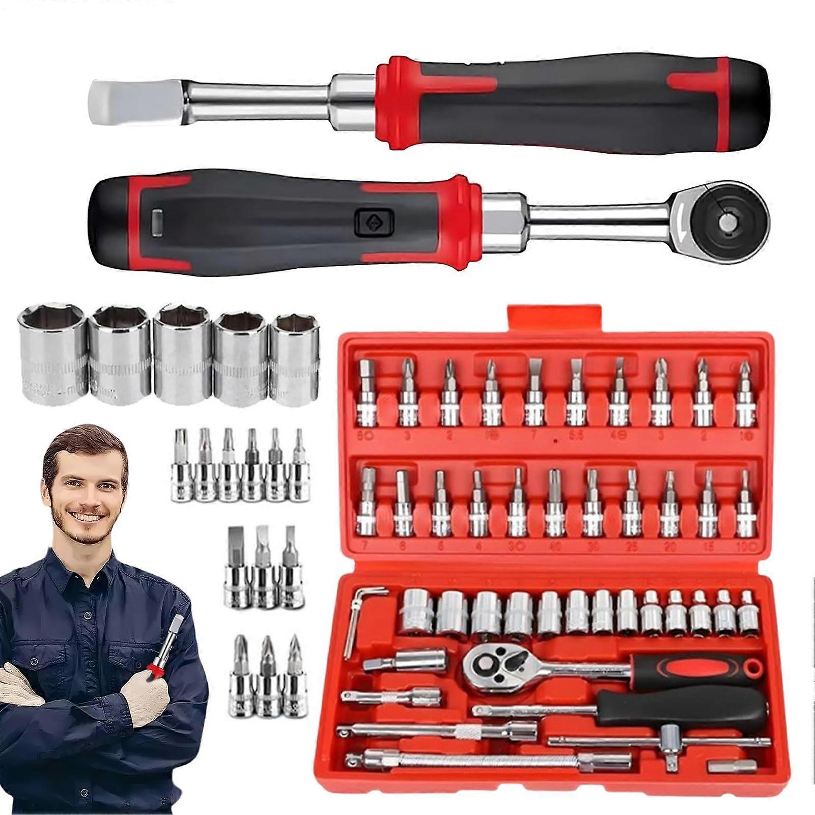 Mechanic Tool Set For Car Maintenance And Vehicle Repair, Socket Wrench Set For Car, Bike, Woodworking, Durable Red