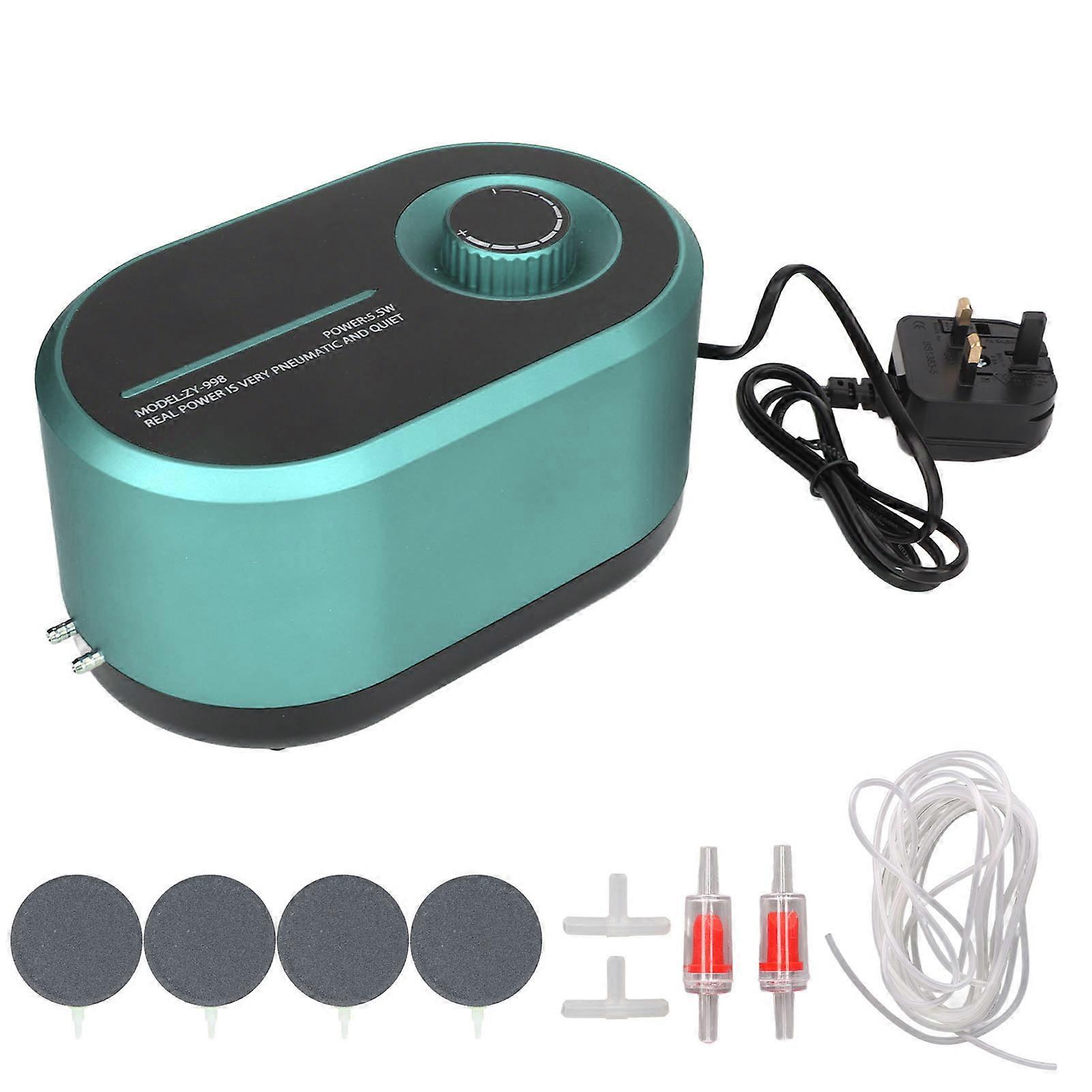 Aquarium Oxygen Pump Dual Outlet Quiet Adjustable Fish Tank Air Pump with Air Stone Air Tube Check Valve Tee Connector UK Plug 220V