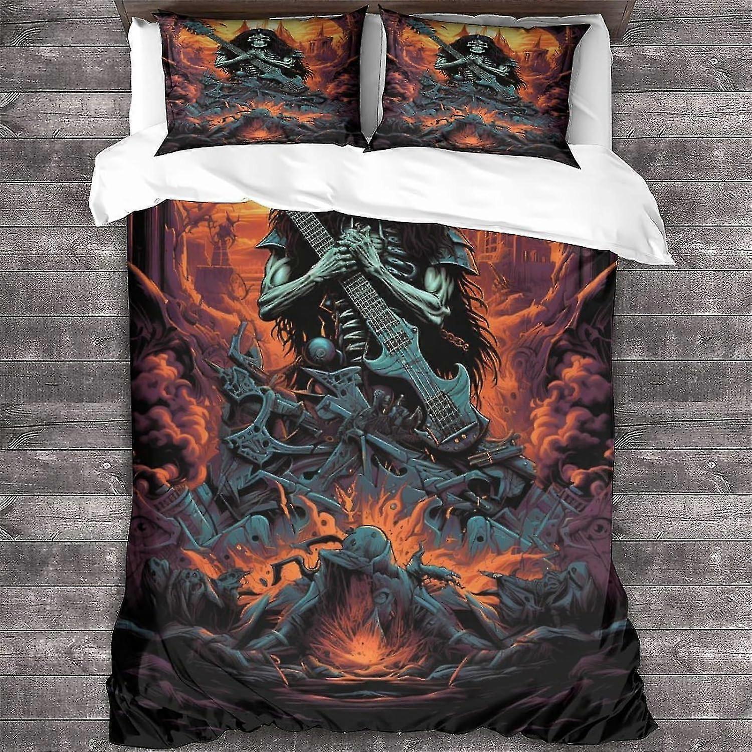 Skalle Mönster Täcke Täcke Set för Barn Heavy Metal Gitarr Design 3 Piece Påslakan Set för Dubbelsäng