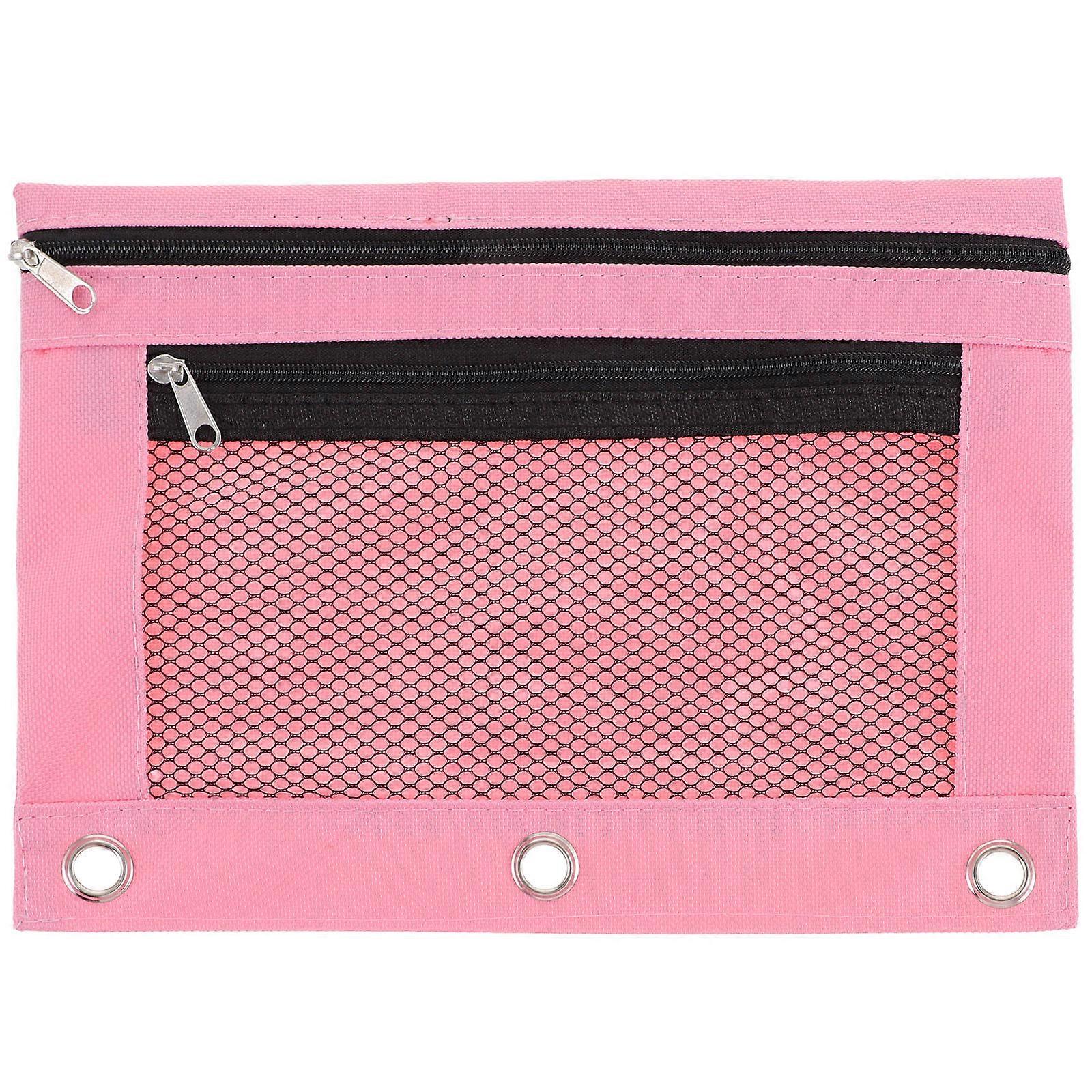 Pencil Pouch Zipper School Pouch Rectangular Office Workers Pink Mesh Design Organizing Tear-Resistant 1Pack