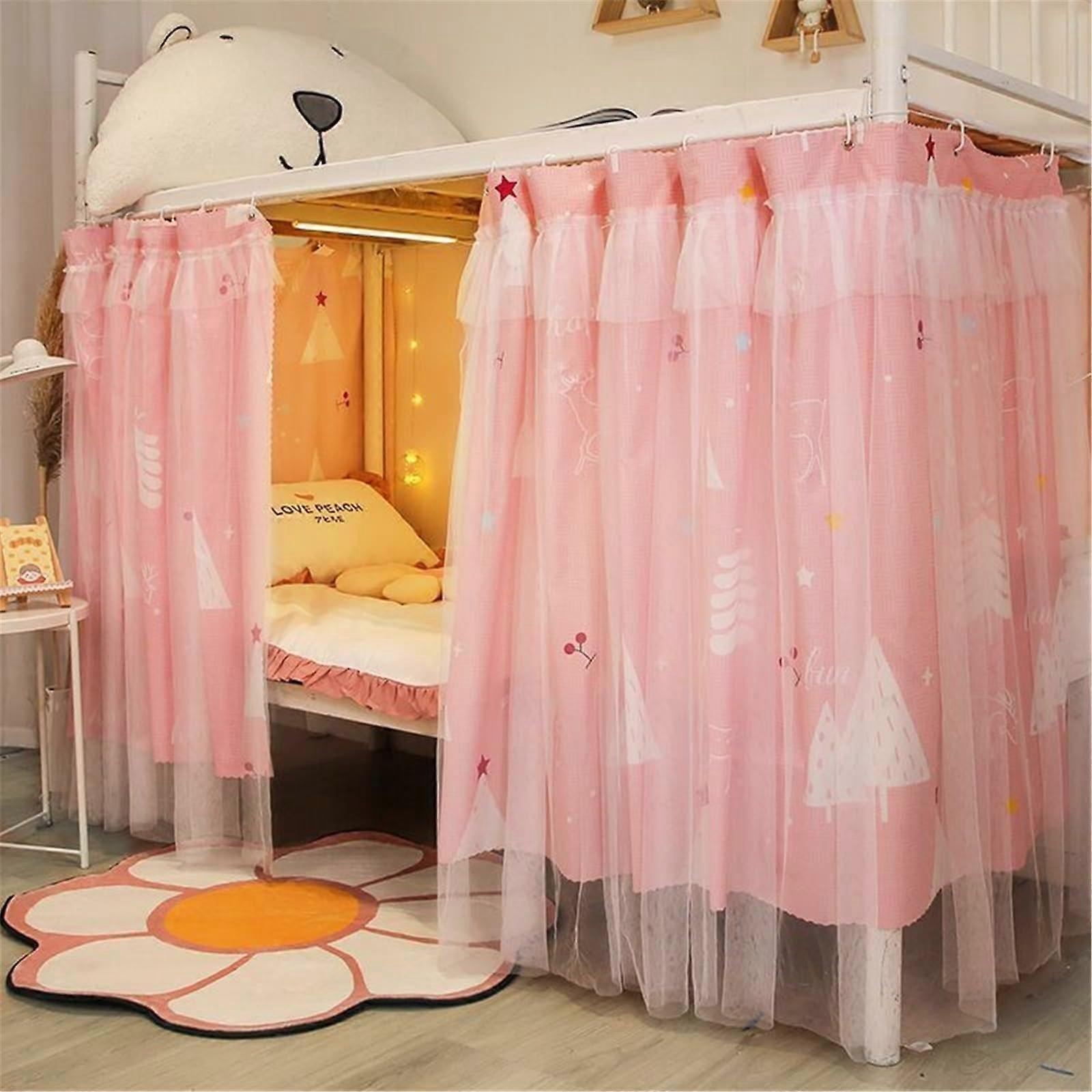 Bunk Bed Curtain Set for Girls with Encrypted Mesh Drapes, Fits 1.35M High Beds, Pink Color, Includes 3 Curtains and Top