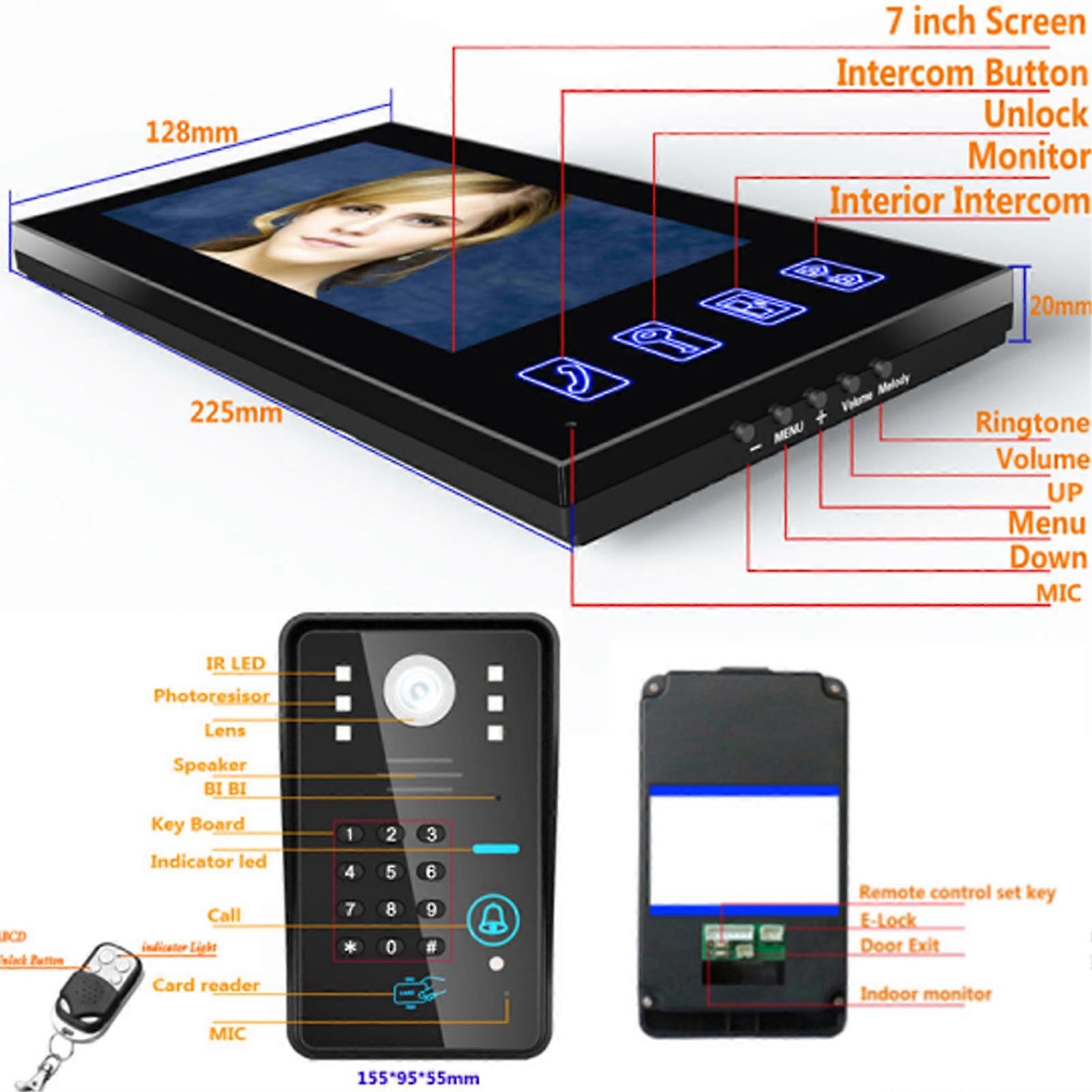 7inch Video Doorphone 3 Monitors Password Card Night Vision Access System 100‑240V
