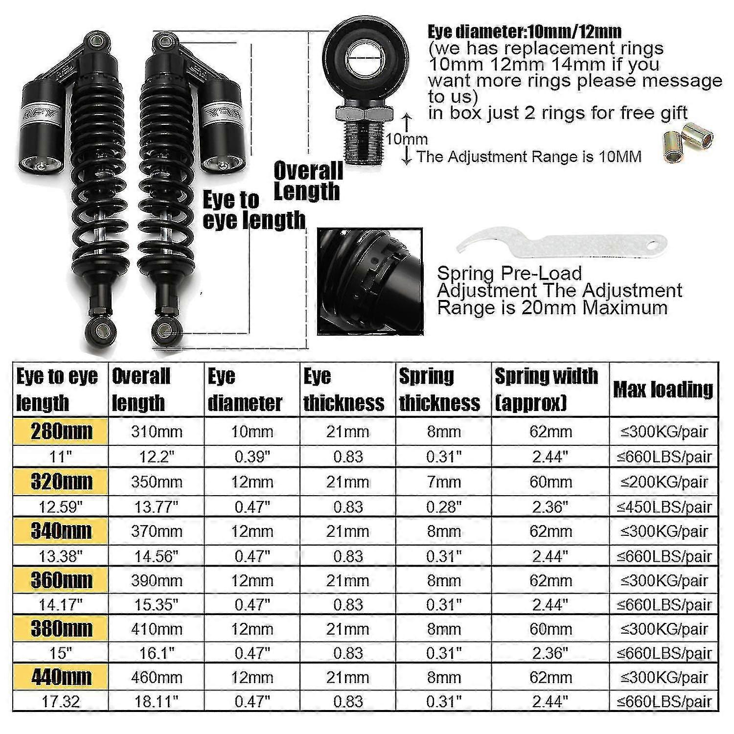280mmから440mmまでのさまざまなサイズのオートバイ、ATV、クワッド、スクーター、ダートバイクと互換性のあるエアショックアブソーバーリアサスペンション