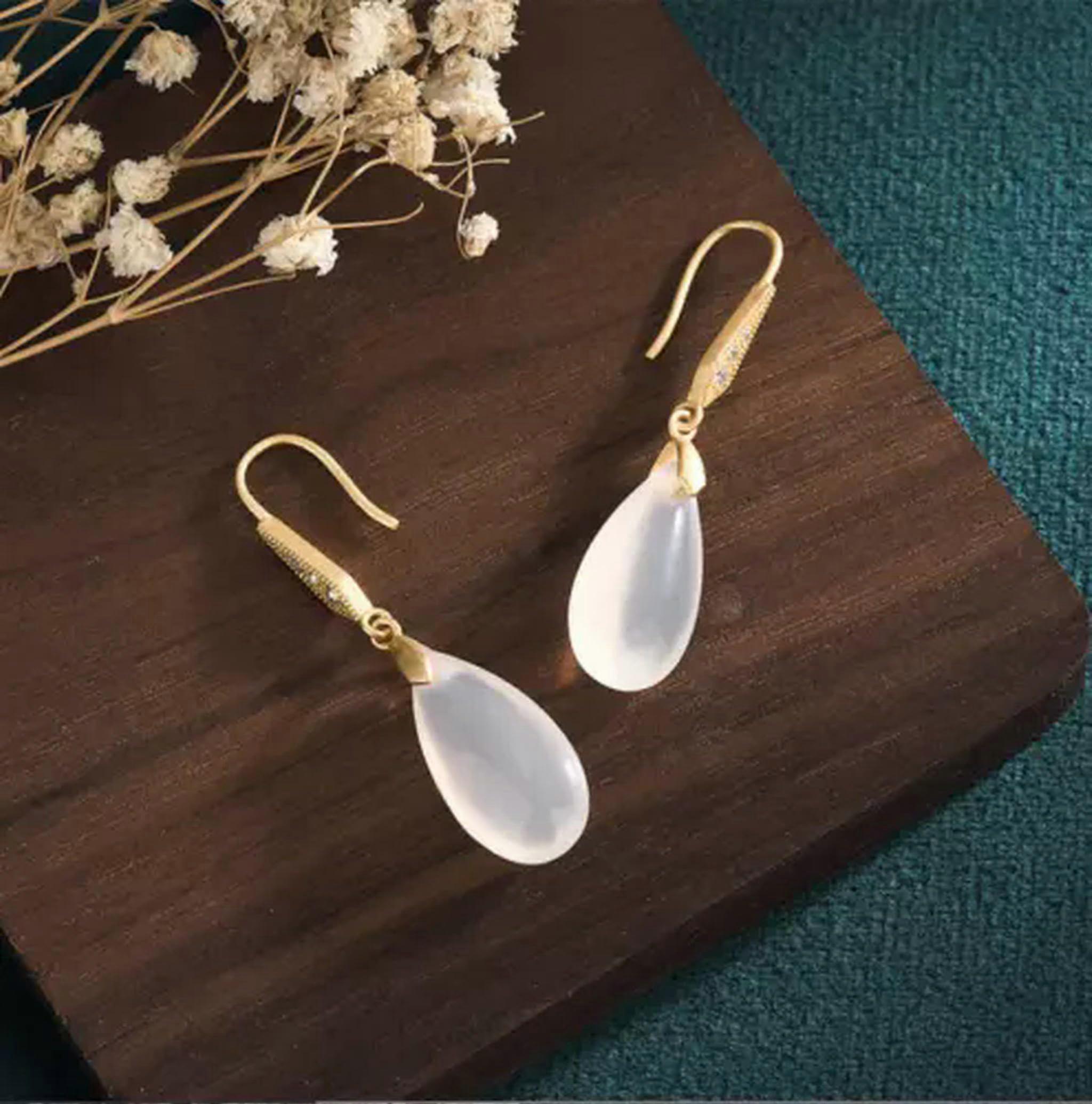 Jade Drop Earrings Hook Retro Water Drop 18K Gold Plated