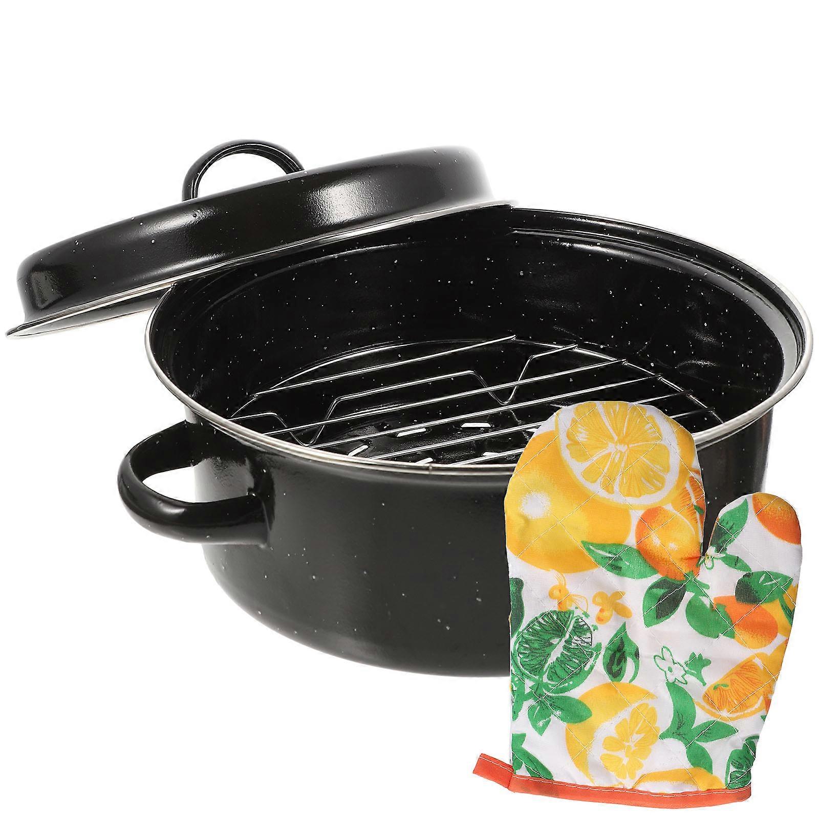 Black Enamel Roasting Pan with Lid for Home Use Can Withstand High Temperature 1 Set