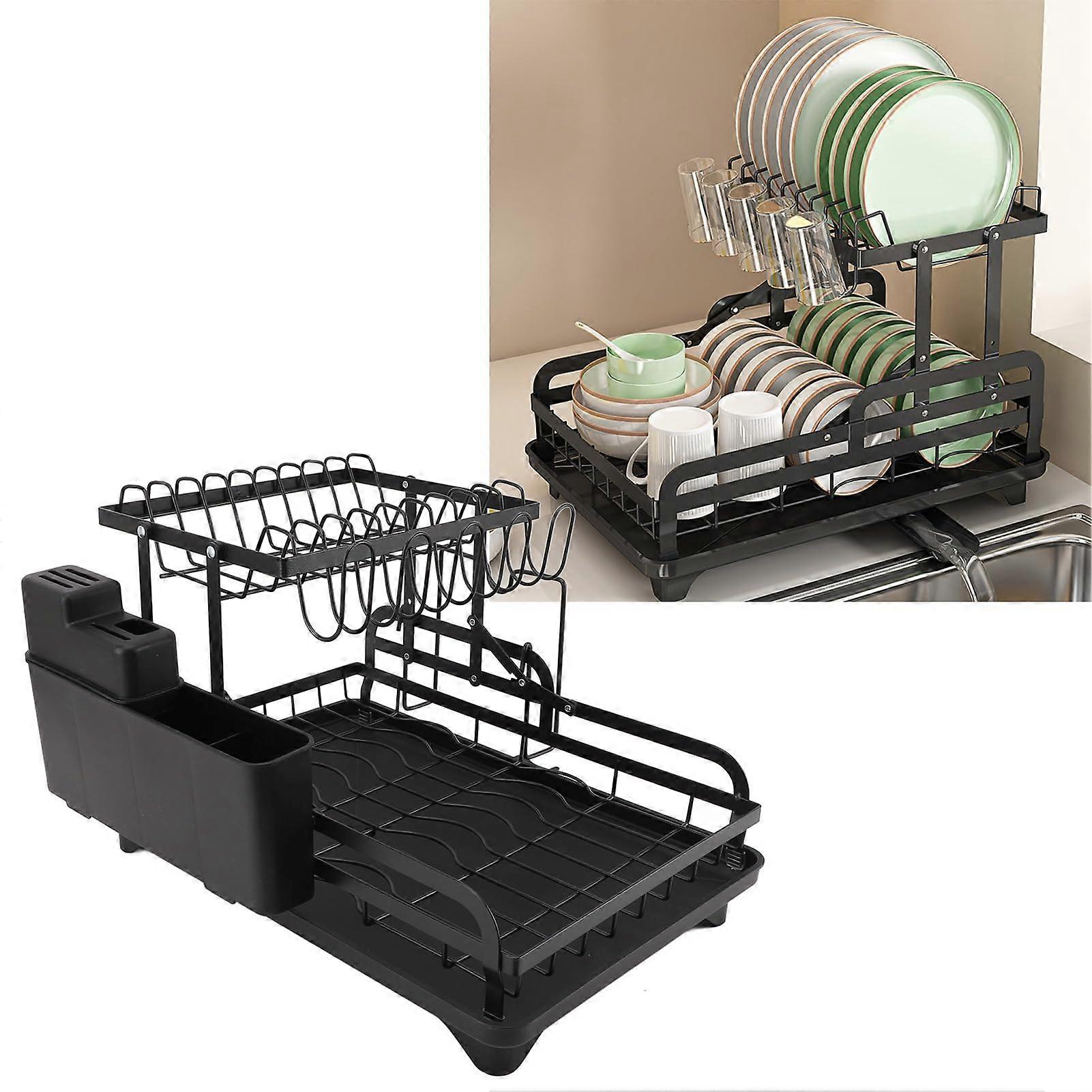 Dish Drying Rack, Space Saving Iron Dish Drying Rack with Drain, Foldable 2Tier MultiPurpose Dish Drying Rack for Easy Storage (Black)